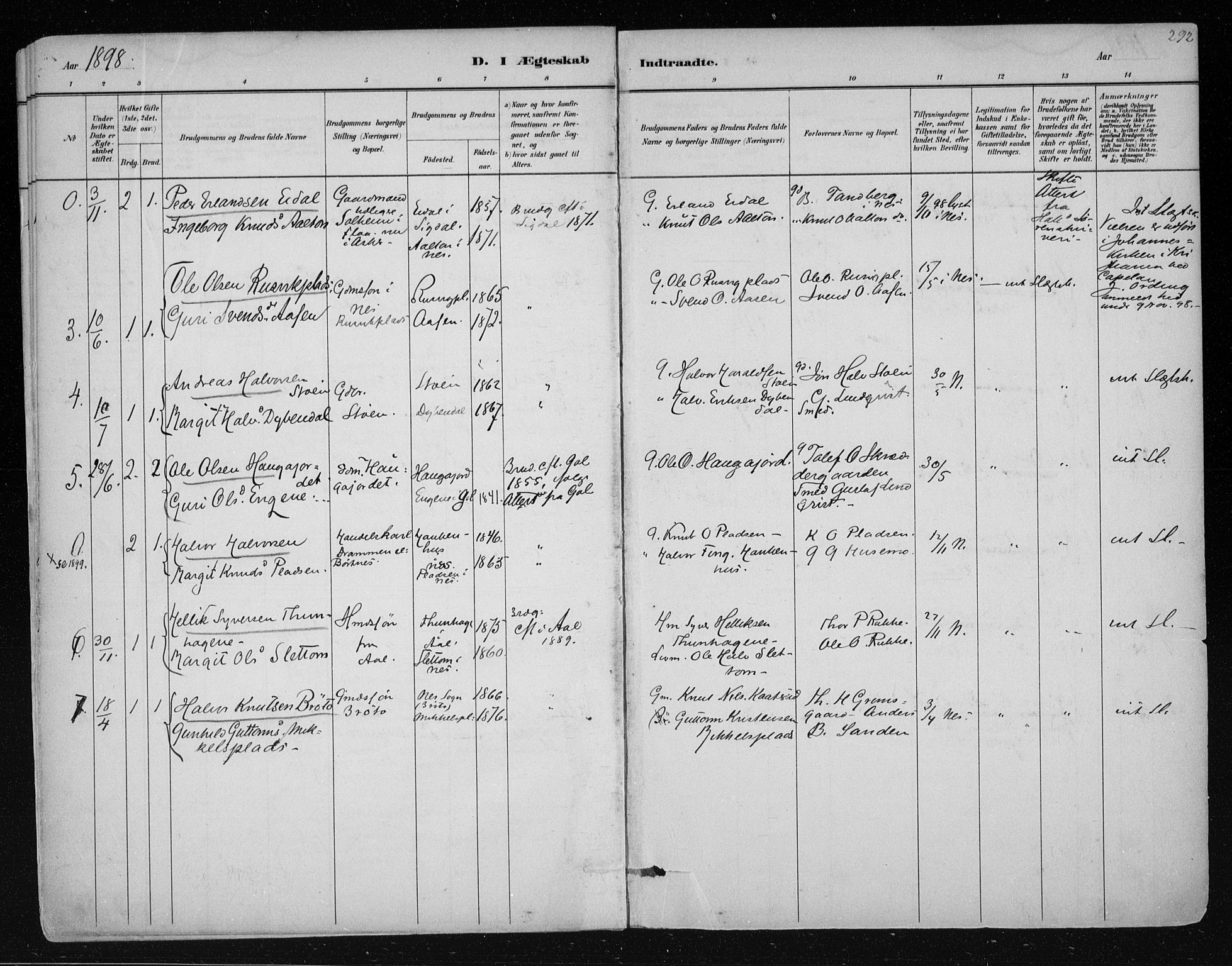 Nes kirkebøker, AV/SAKO-A-236/F/Fa/L0011: Parish register (official) no. 11, 1881-1912, p. 292