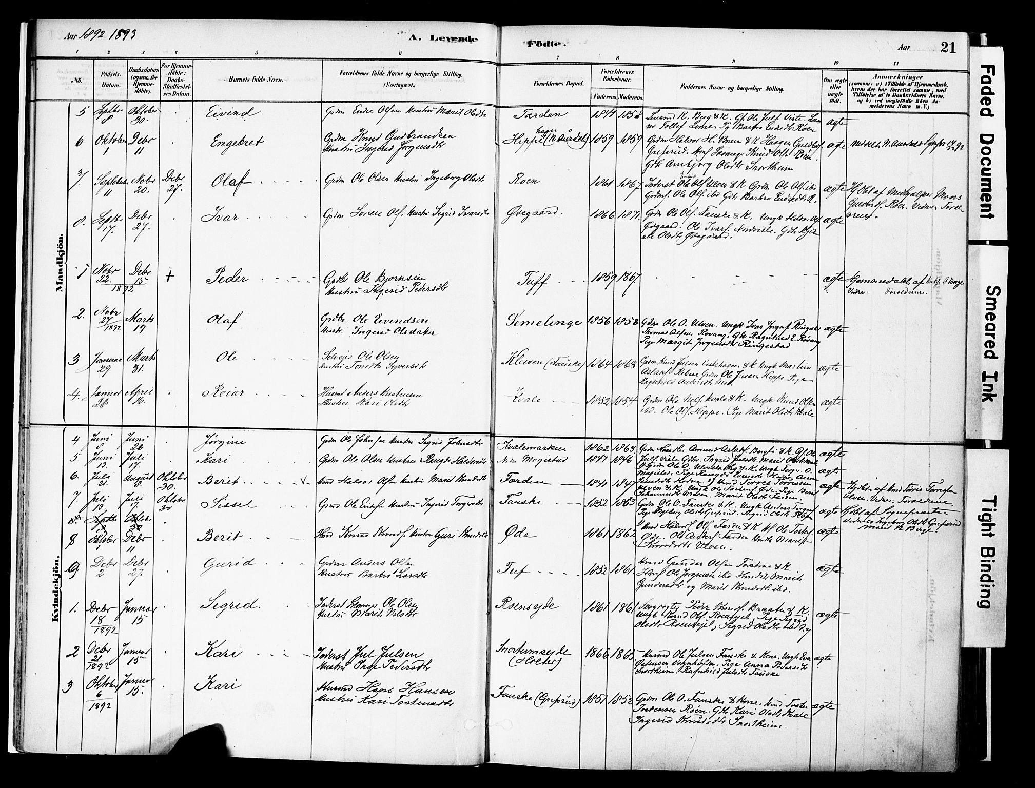 Vestre Slidre prestekontor, SAH/PREST-136/H/Ha/Haa/L0006: Parish register (official) no. 6, 1881-1912, p. 21