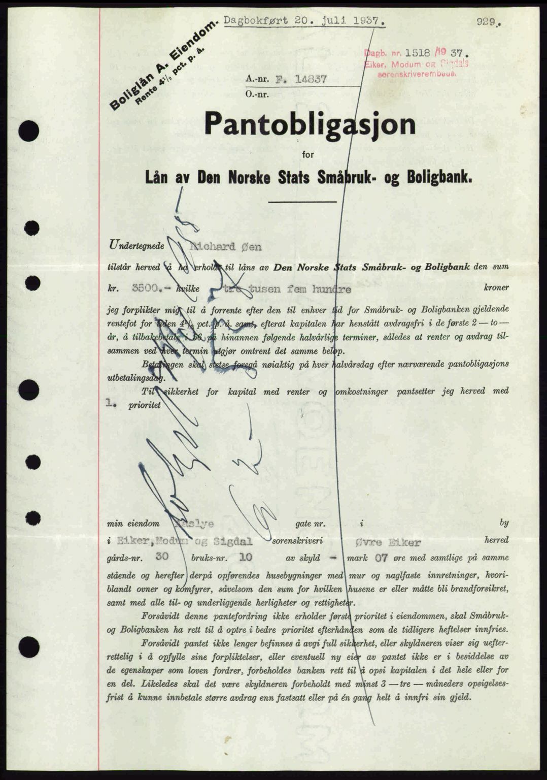 Eiker, Modum og Sigdal sorenskriveri, SAKO/A-123/G/Ga/Gab/L0035: Mortgage book no. A5, 1937-1937, Diary no: : 1518/1937