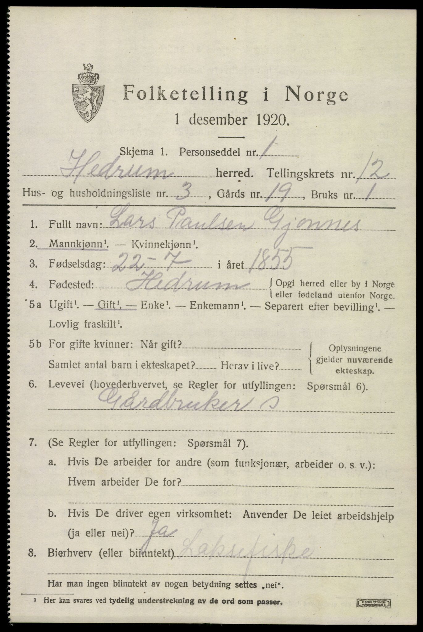 SAKO, 1920 census for Hedrum, 1920, p. 8053