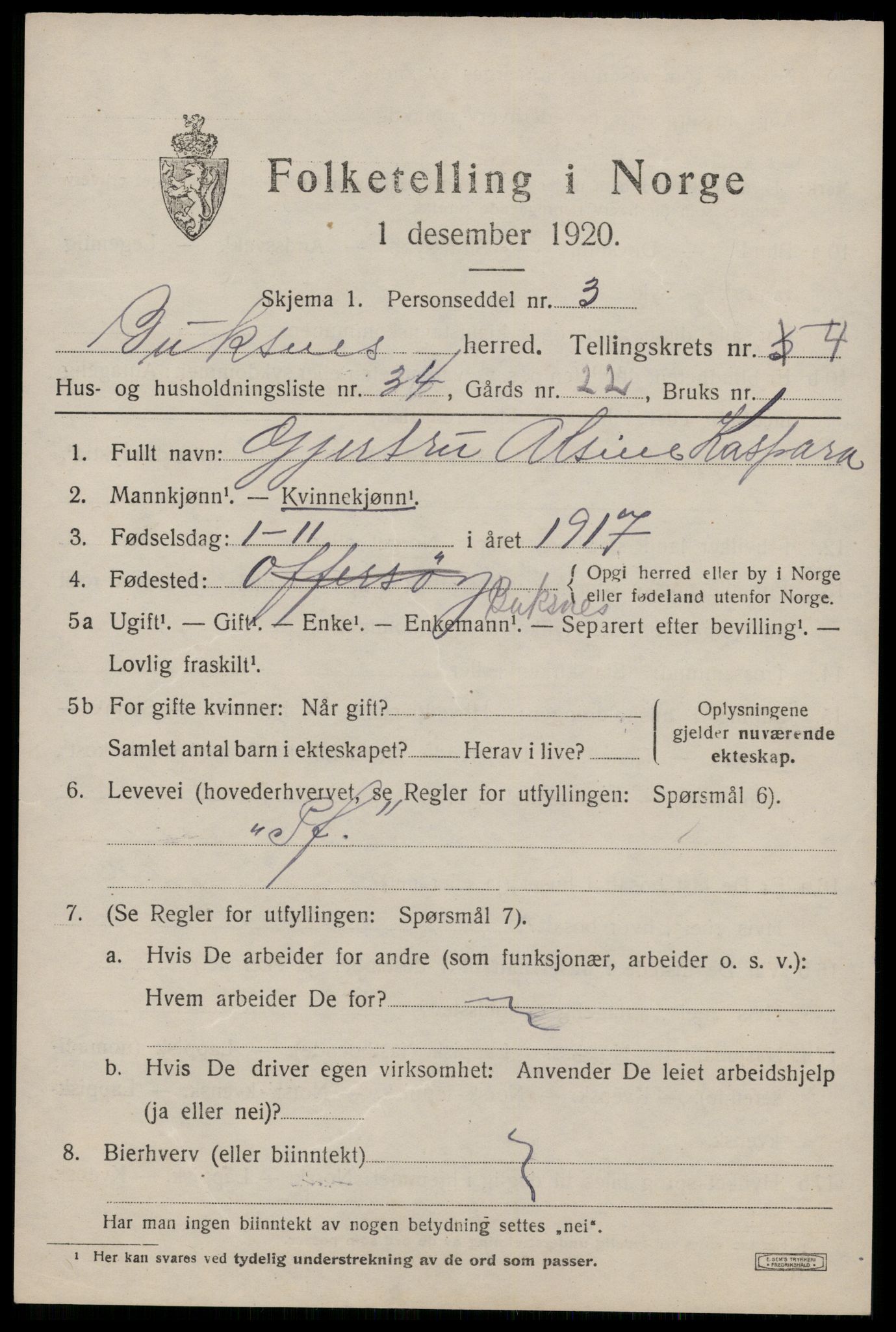 SAT, 1920 census for Buksnes, 1920, p. 5011