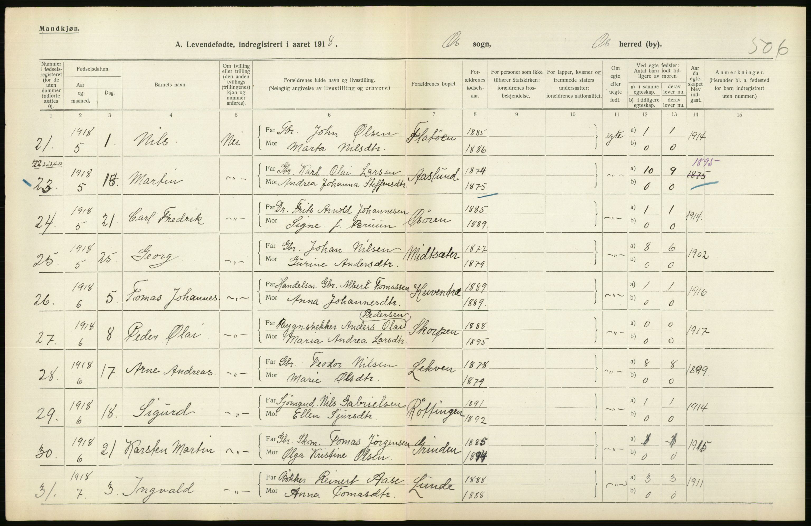 Statistisk sentralbyrå, Sosiodemografiske emner, Befolkning, RA/S-2228/D/Df/Dfb/Dfbh/L0034: Hordaland fylke: Levendefødte menn og kvinner. Bygder., 1918, p. 578