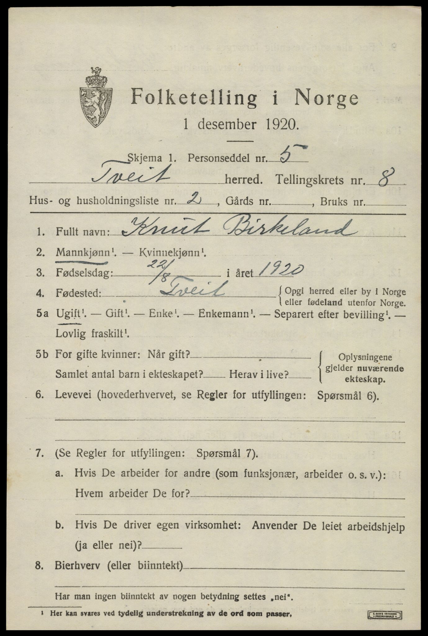 SAK, 1920 census for Tveit, 1920, p. 3500