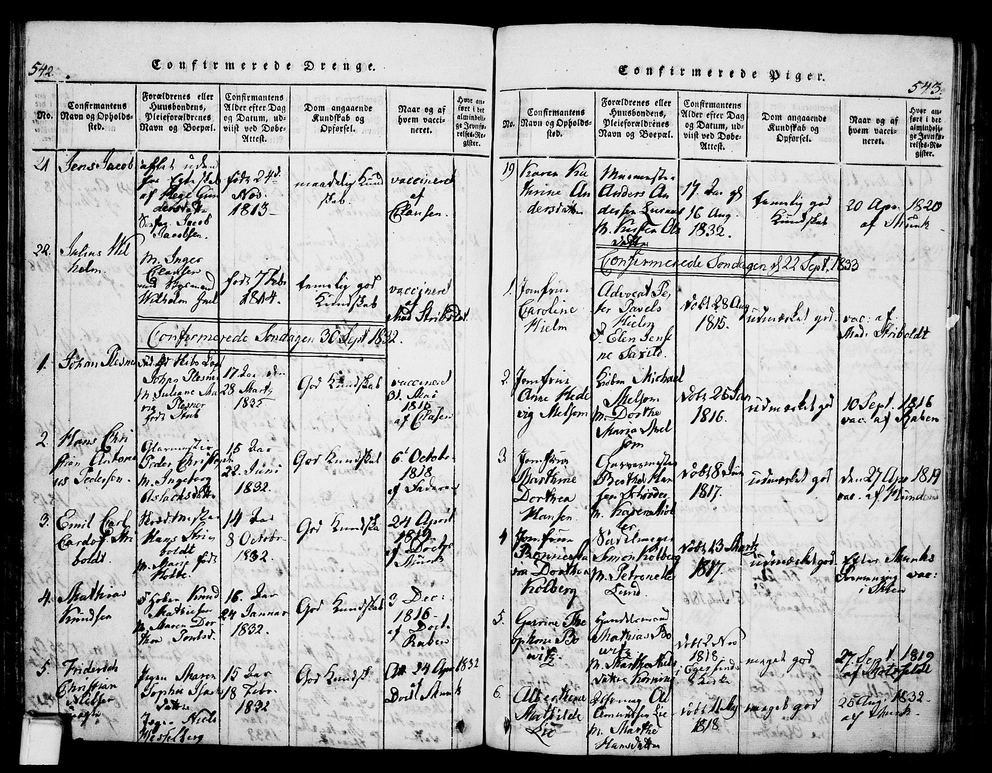 Skien kirkebøker, SAKO/A-302/G/Ga/L0002: Parish register (copy) no. 2, 1814-1842, p. 542-543