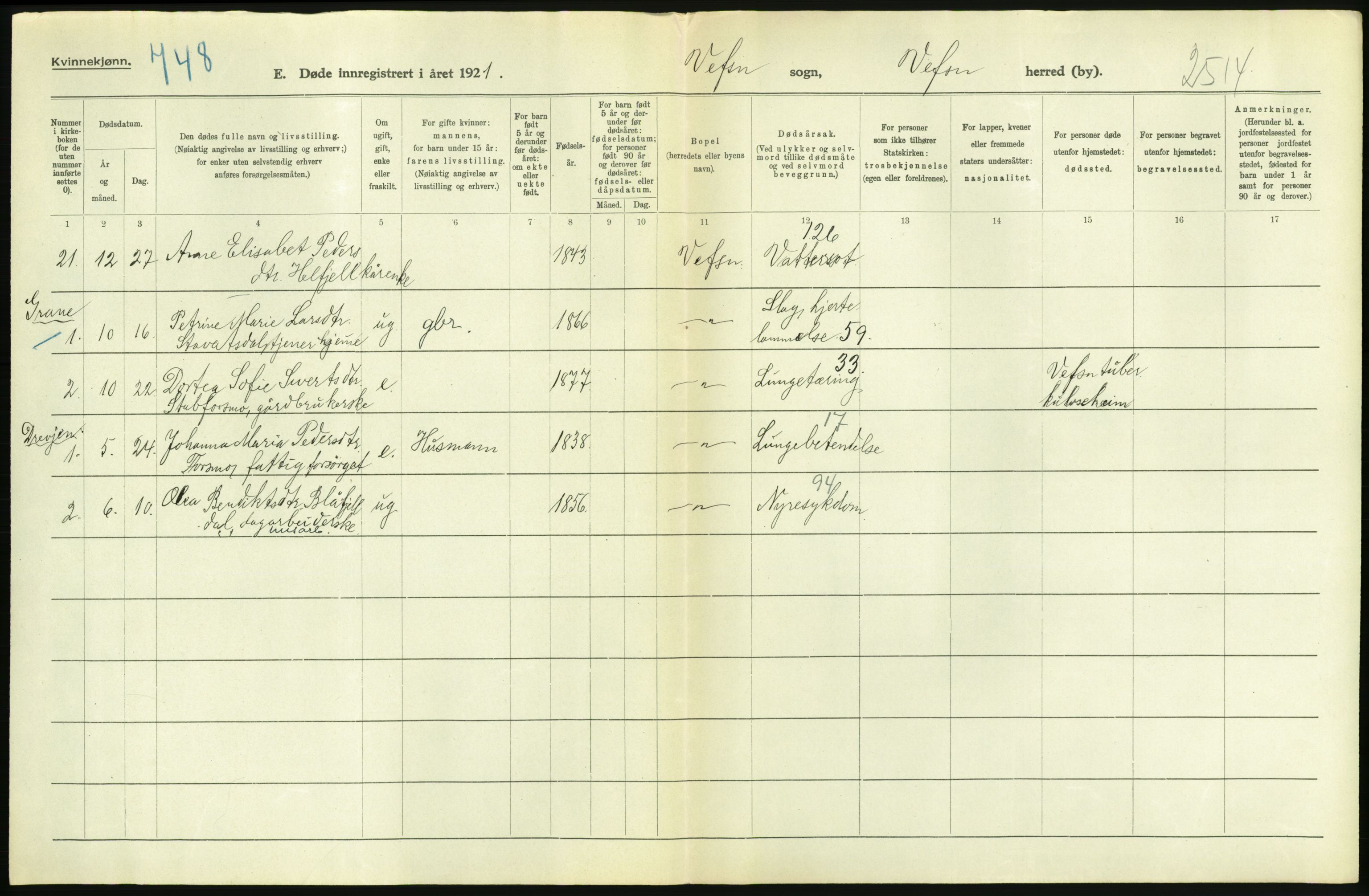 Statistisk sentralbyrå, Sosiodemografiske emner, Befolkning, AV/RA-S-2228/D/Df/Dfc/Dfca/L0051: Nordland fylke: Døde. Bygder og byer., 1921