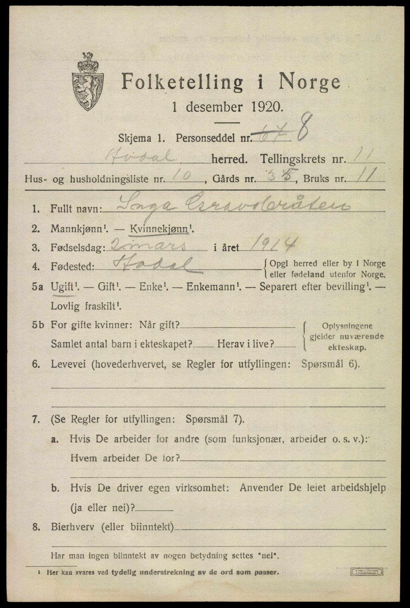 SAKO, 1920 census for Ådal, 1920, p. 6738