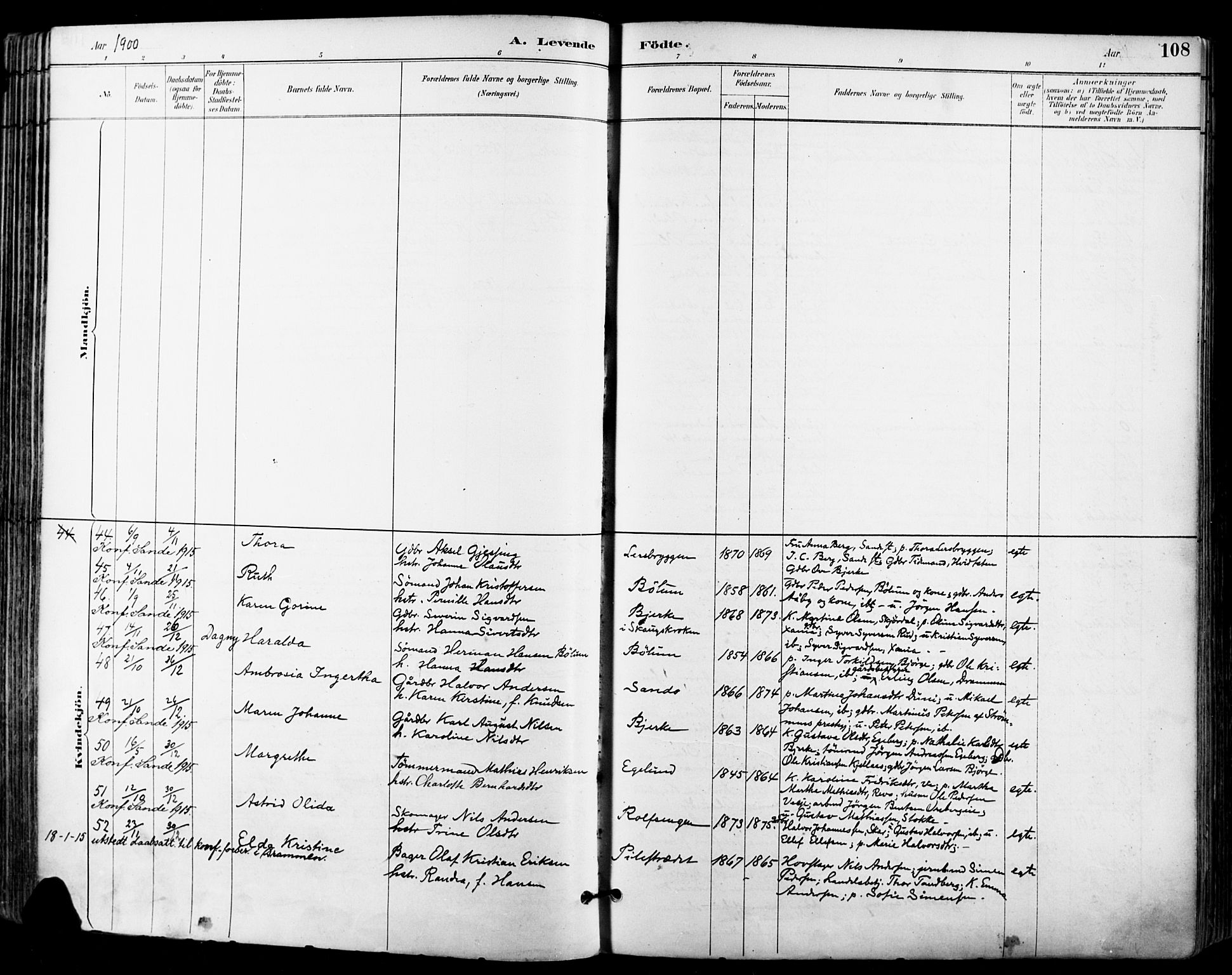 Sande Kirkebøker, AV/SAKO-A-53/F/Fa/L0007: Parish register (official) no. 7, 1888-1903, p. 108