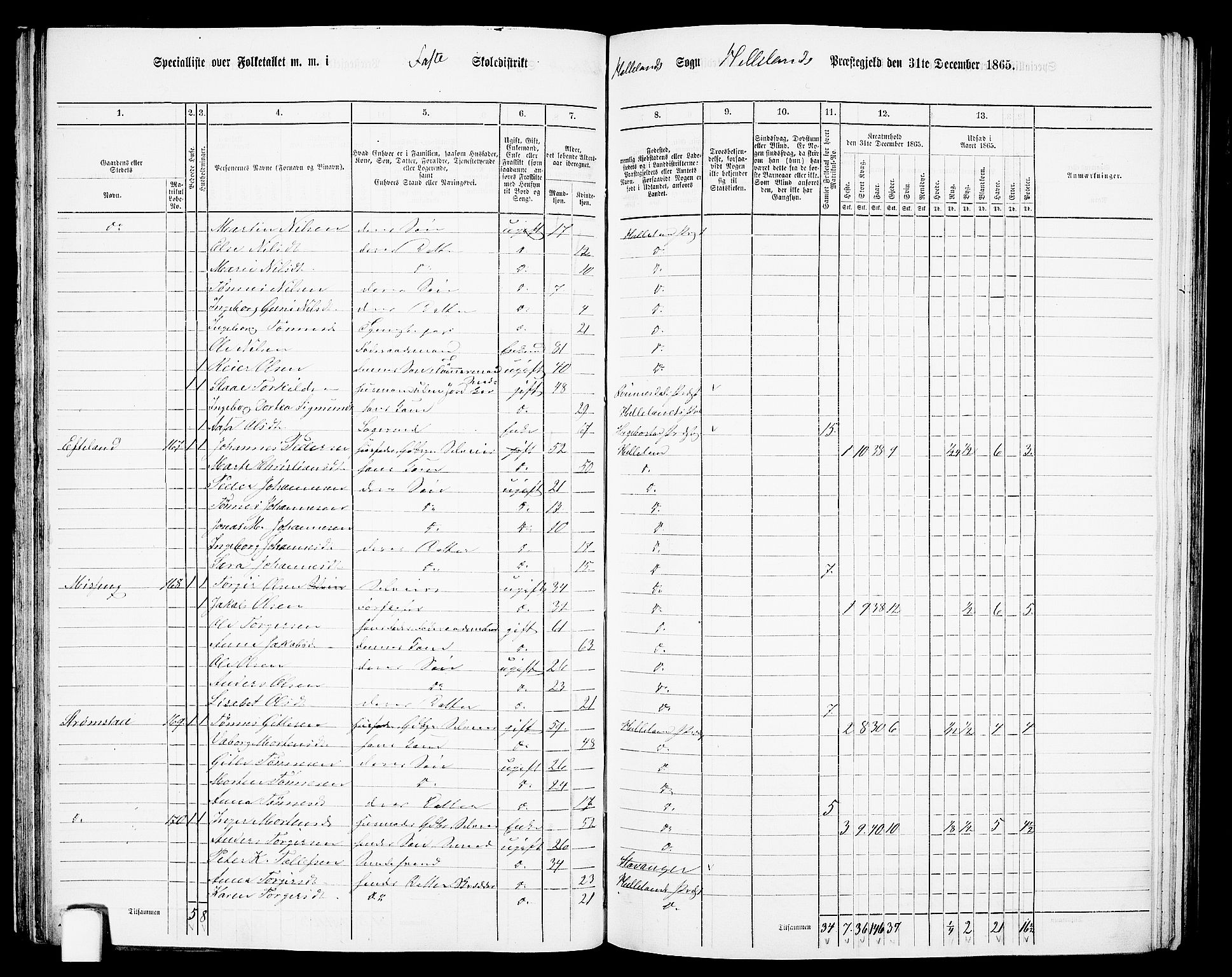 RA, 1865 census for Helleland, 1865, p. 47