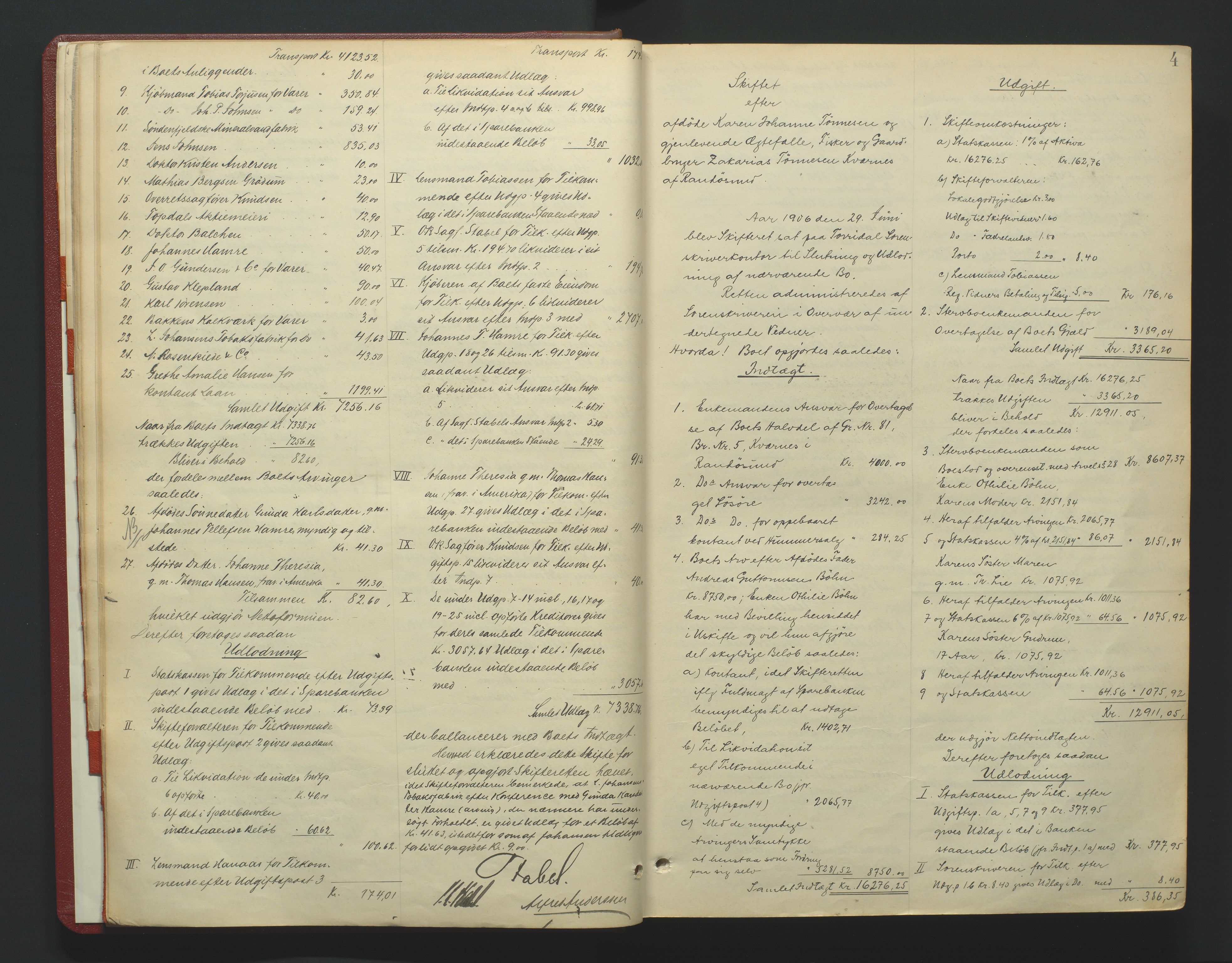 Torridal sorenskriveri, SAK/1221-0012/H/Hc/L0036: Skifteutlodningsprotokoll med navneregister nr. 5, 1906-1918, p. 4