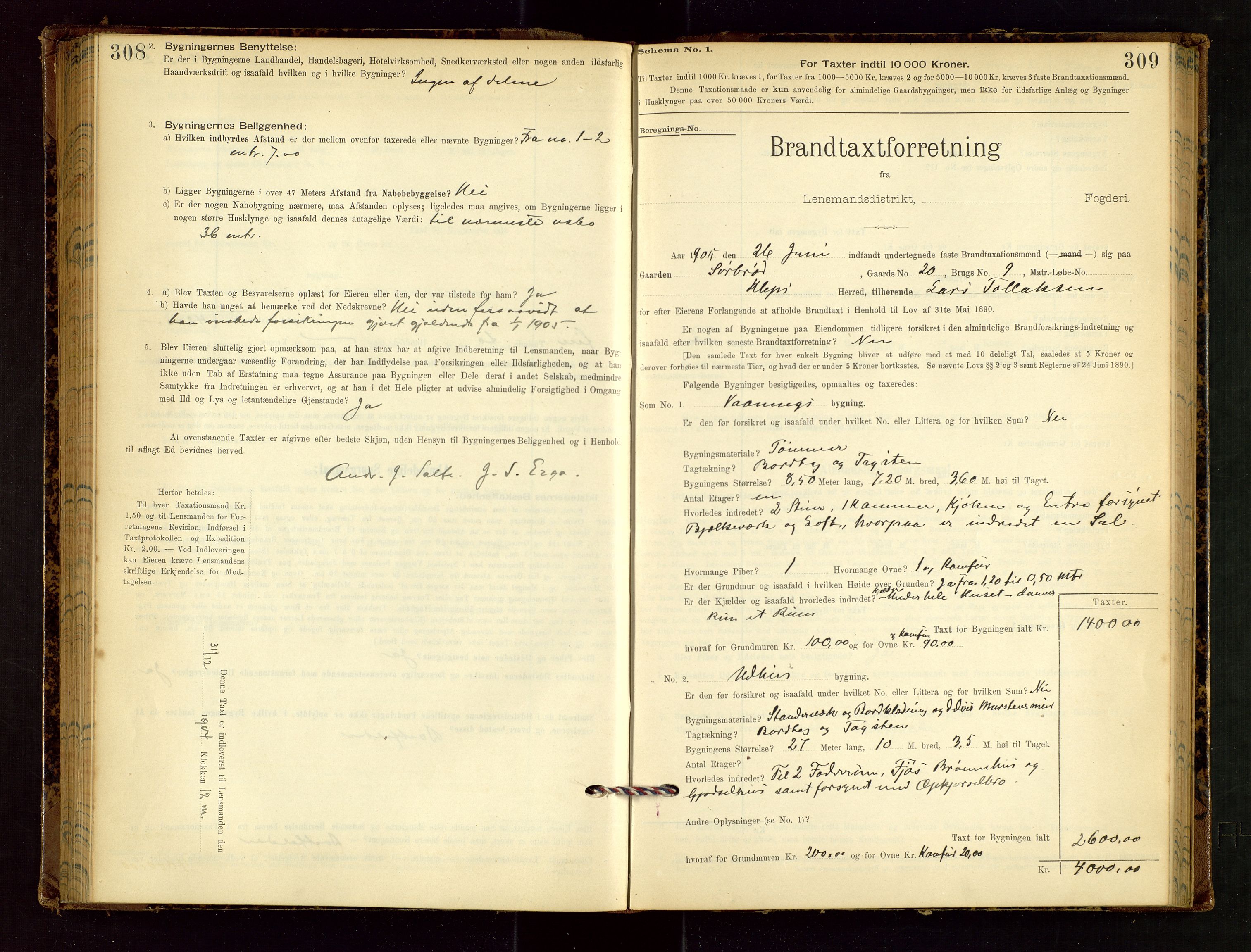 Klepp lensmannskontor, SAST/A-100163/Goc/L0002: "Brandtaxationsprotokol" m/register, 1898-1902, p. 308-309