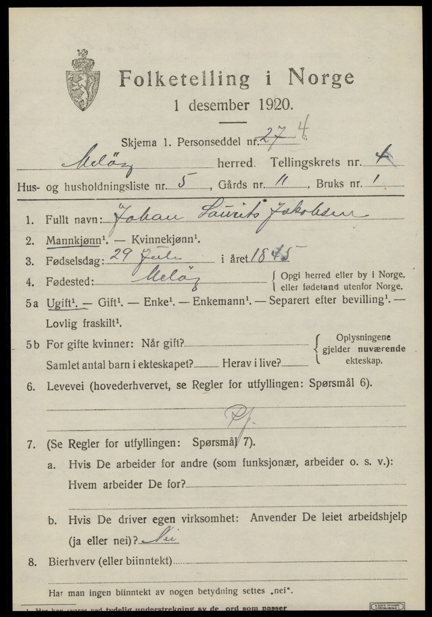 SAT, 1920 census for Meløy, 1920, p. 2825