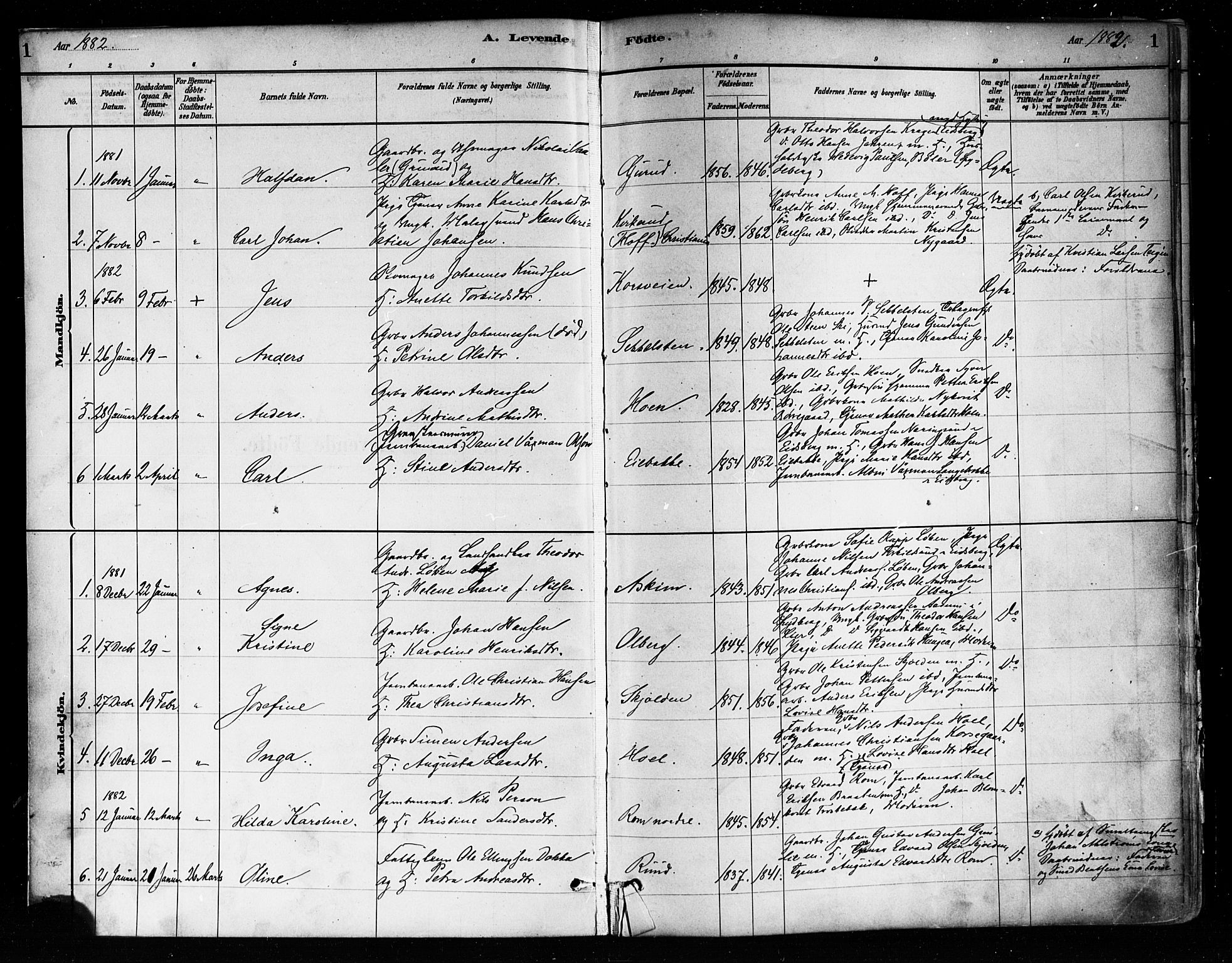 Askim prestekontor Kirkebøker, SAO/A-10900/F/Fa/L0007: Parish register (official) no. 7, 1882-1897, p. 1