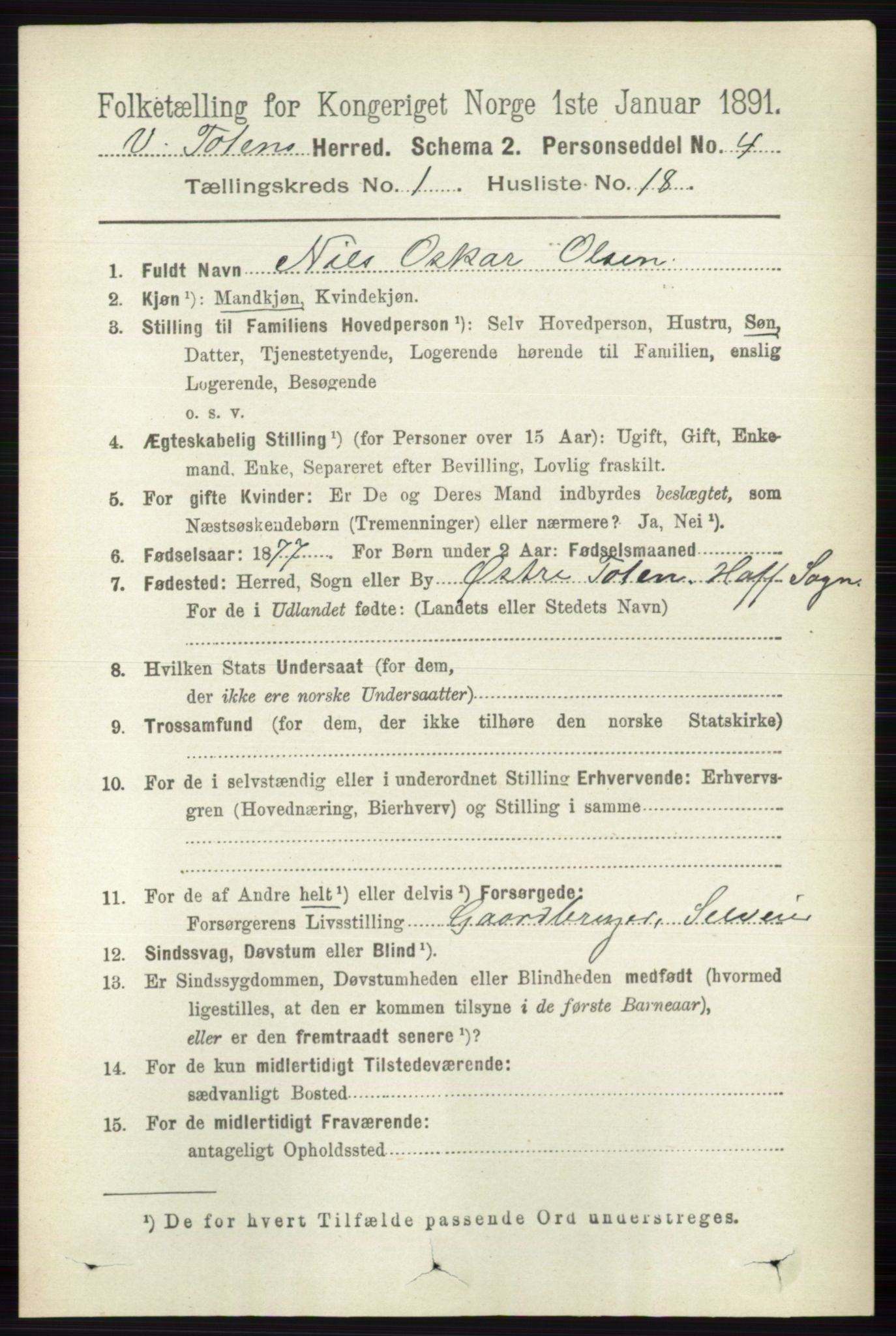 RA, 1891 census for 0529 Vestre Toten, 1891, p. 303