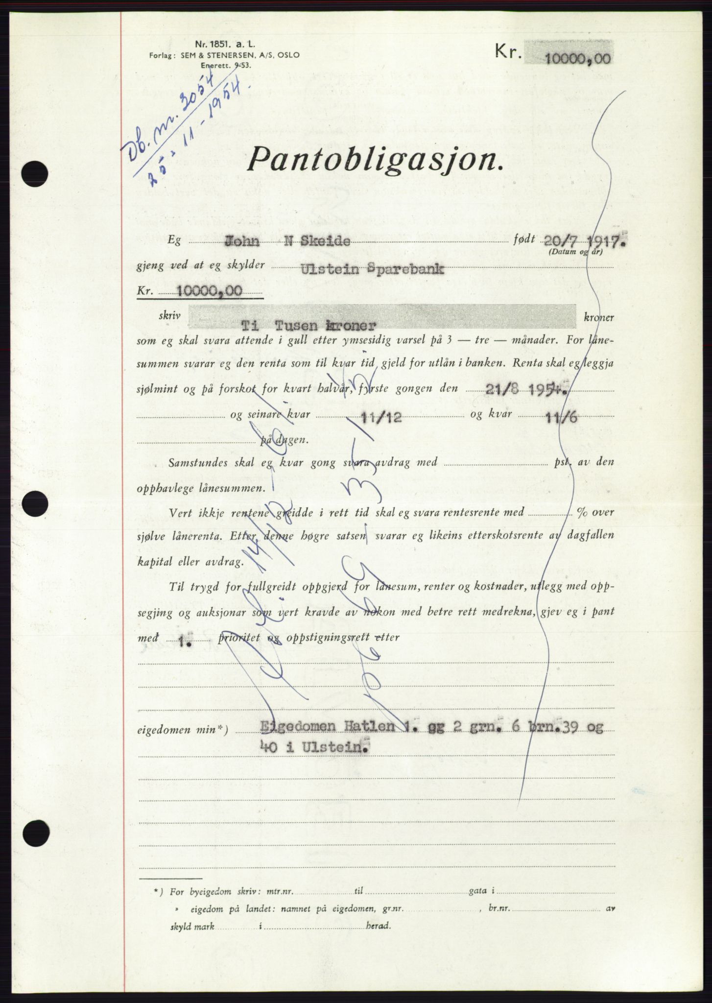 Søre Sunnmøre sorenskriveri, AV/SAT-A-4122/1/2/2C/L0126: Mortgage book no. 14B, 1954-1955, Diary no: : 3054/1954