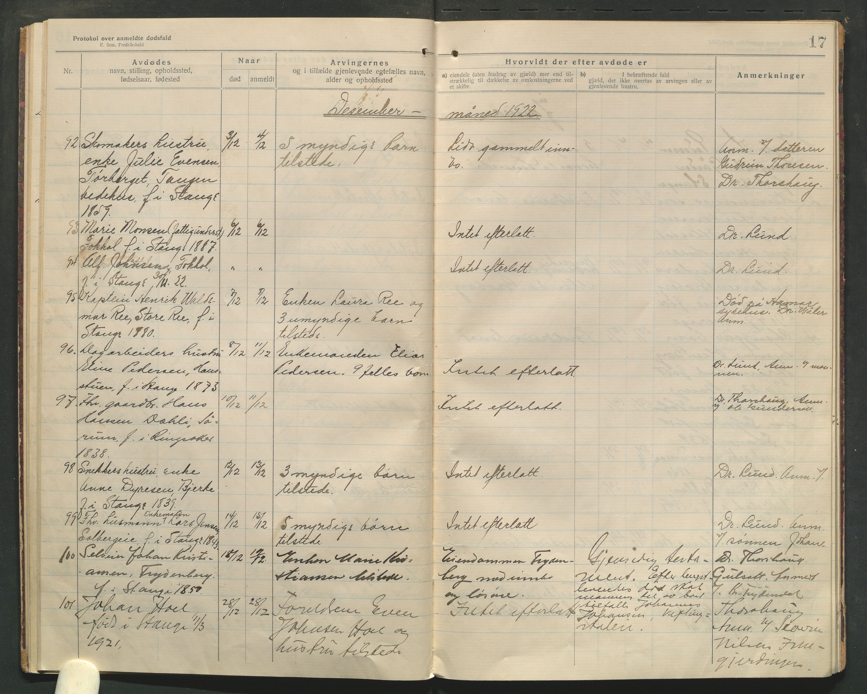 Stange lensmannskontor, AV/SAH-LHS-020/H/Ha/Haa/L0001/0004: Dødsfallsprotokoller / Dødsfallsprotokoll, 1921-1925, p. 17