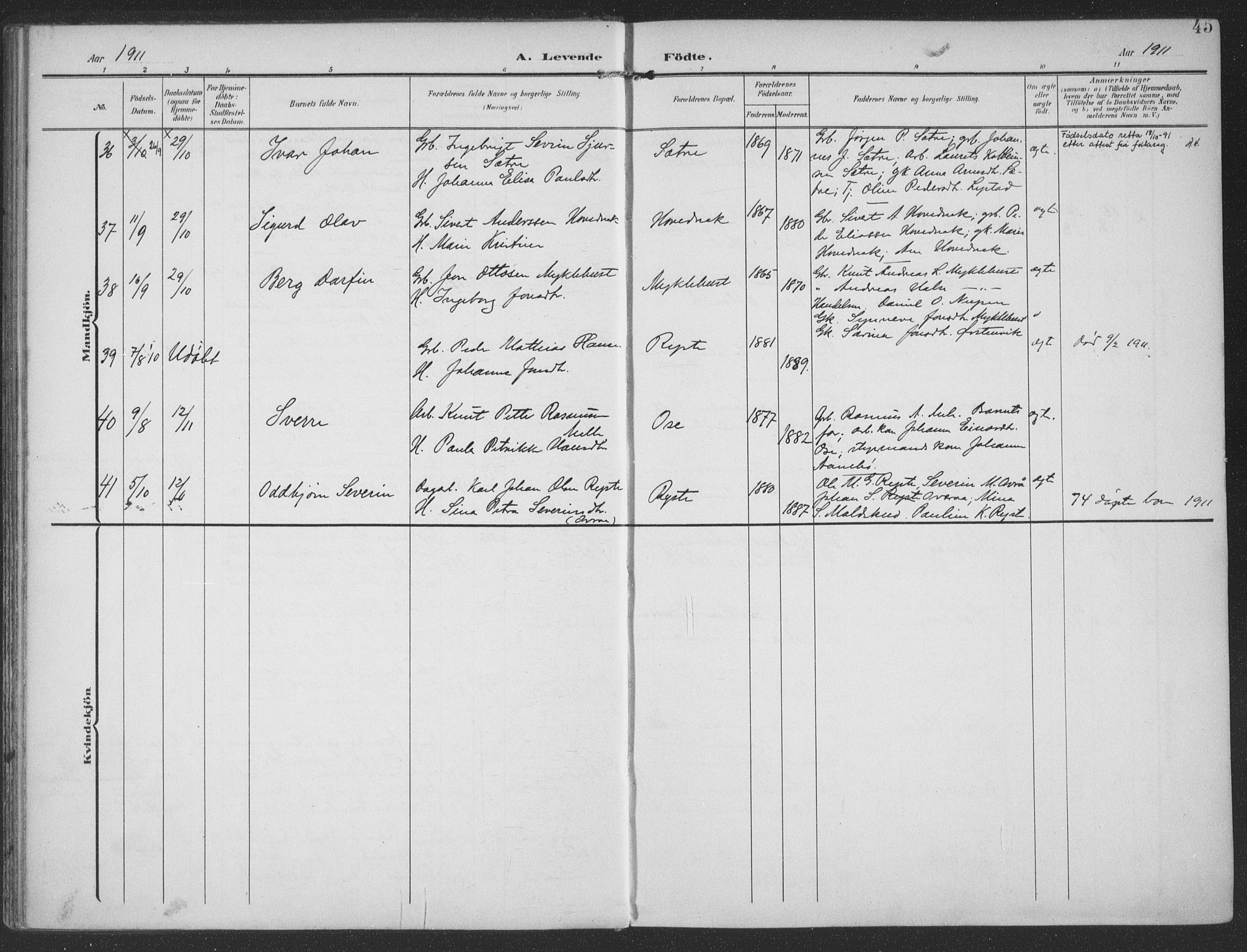 Ministerialprotokoller, klokkerbøker og fødselsregistre - Møre og Romsdal, SAT/A-1454/513/L0178: Parish register (official) no. 513A05, 1906-1919, p. 45
