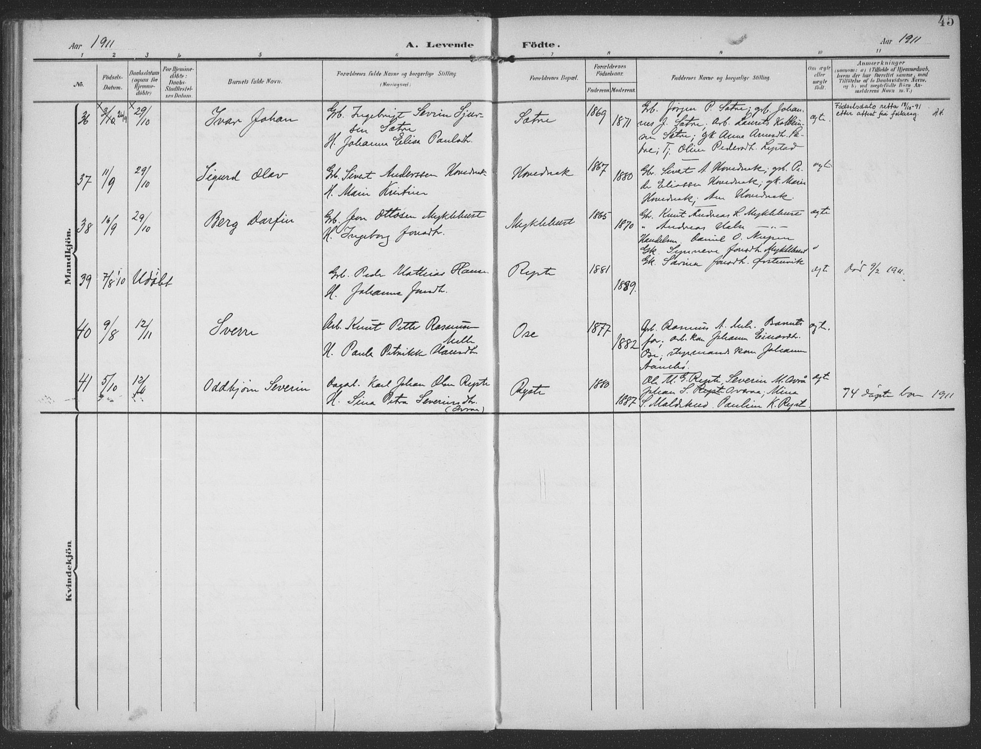 Ministerialprotokoller, klokkerbøker og fødselsregistre - Møre og Romsdal, AV/SAT-A-1454/513/L0178: Parish register (official) no. 513A05, 1906-1919, p. 45