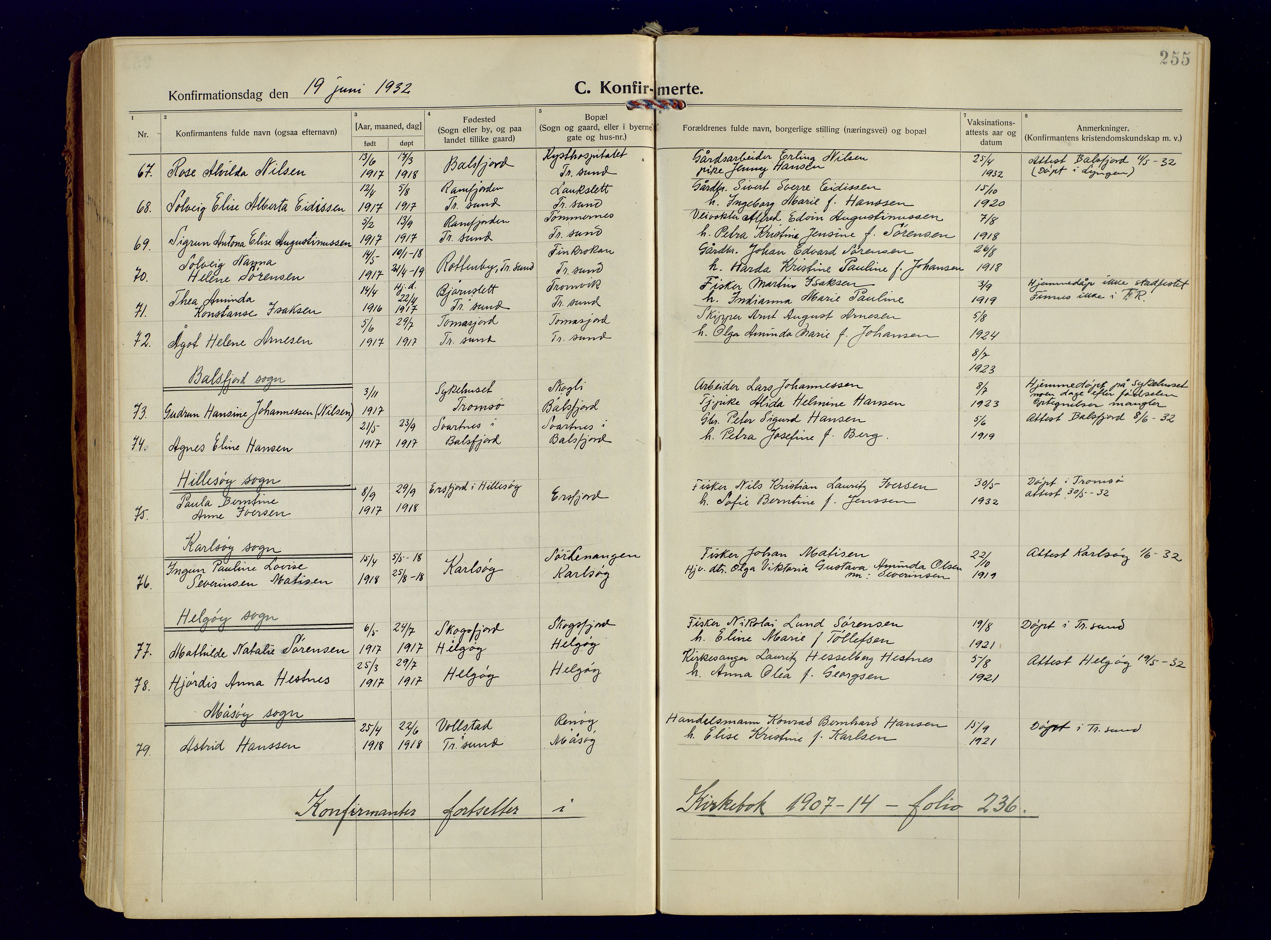 Tromsøysund sokneprestkontor, AV/SATØ-S-1304/G/Ga/L0009kirke: Parish register (official) no. 9, 1922-1934, p. 255