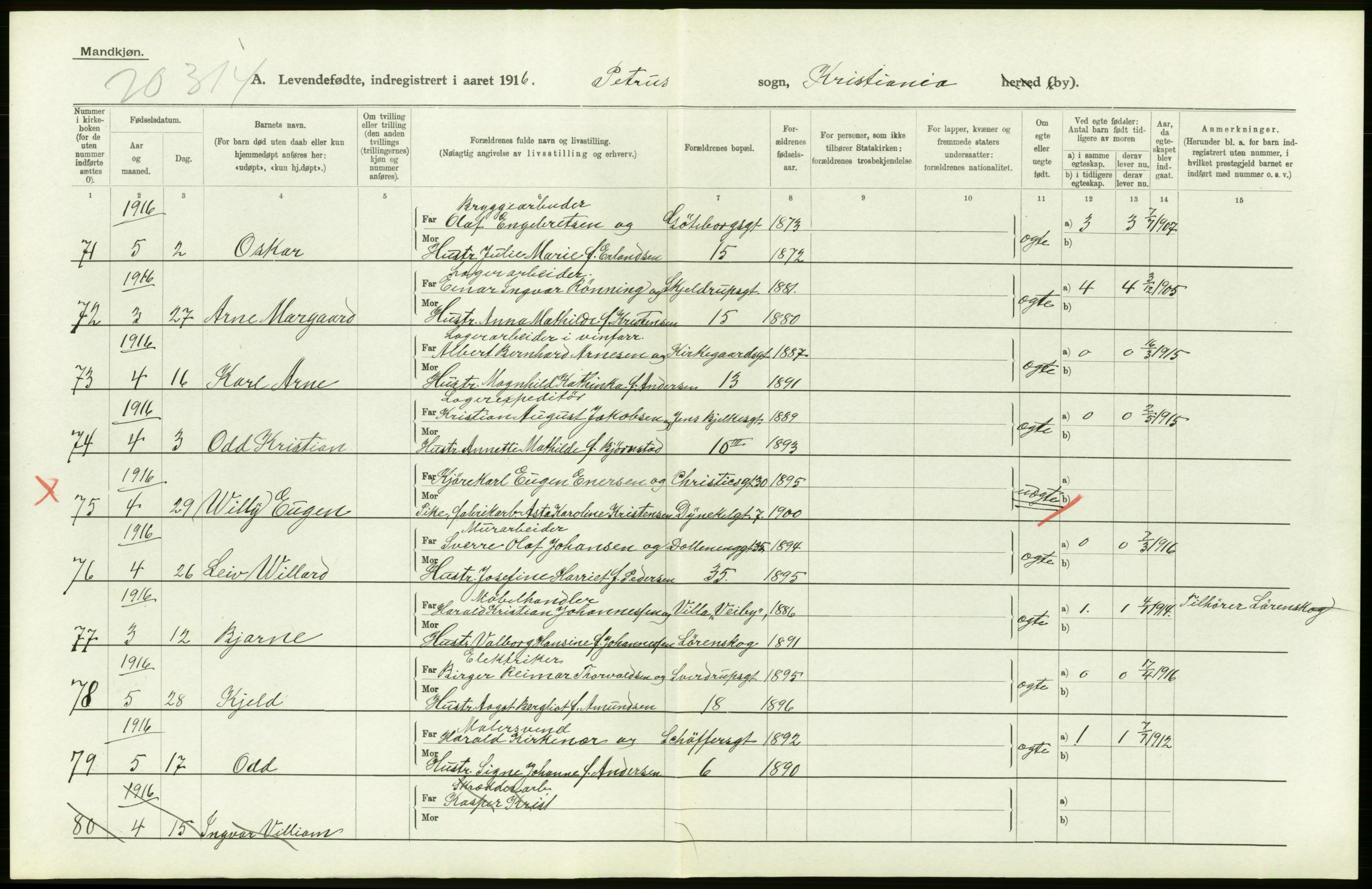 Statistisk sentralbyrå, Sosiodemografiske emner, Befolkning, AV/RA-S-2228/D/Df/Dfb/Dfbf/L0006: Kristiania: Levendefødte menn og kvinner., 1916, p. 564