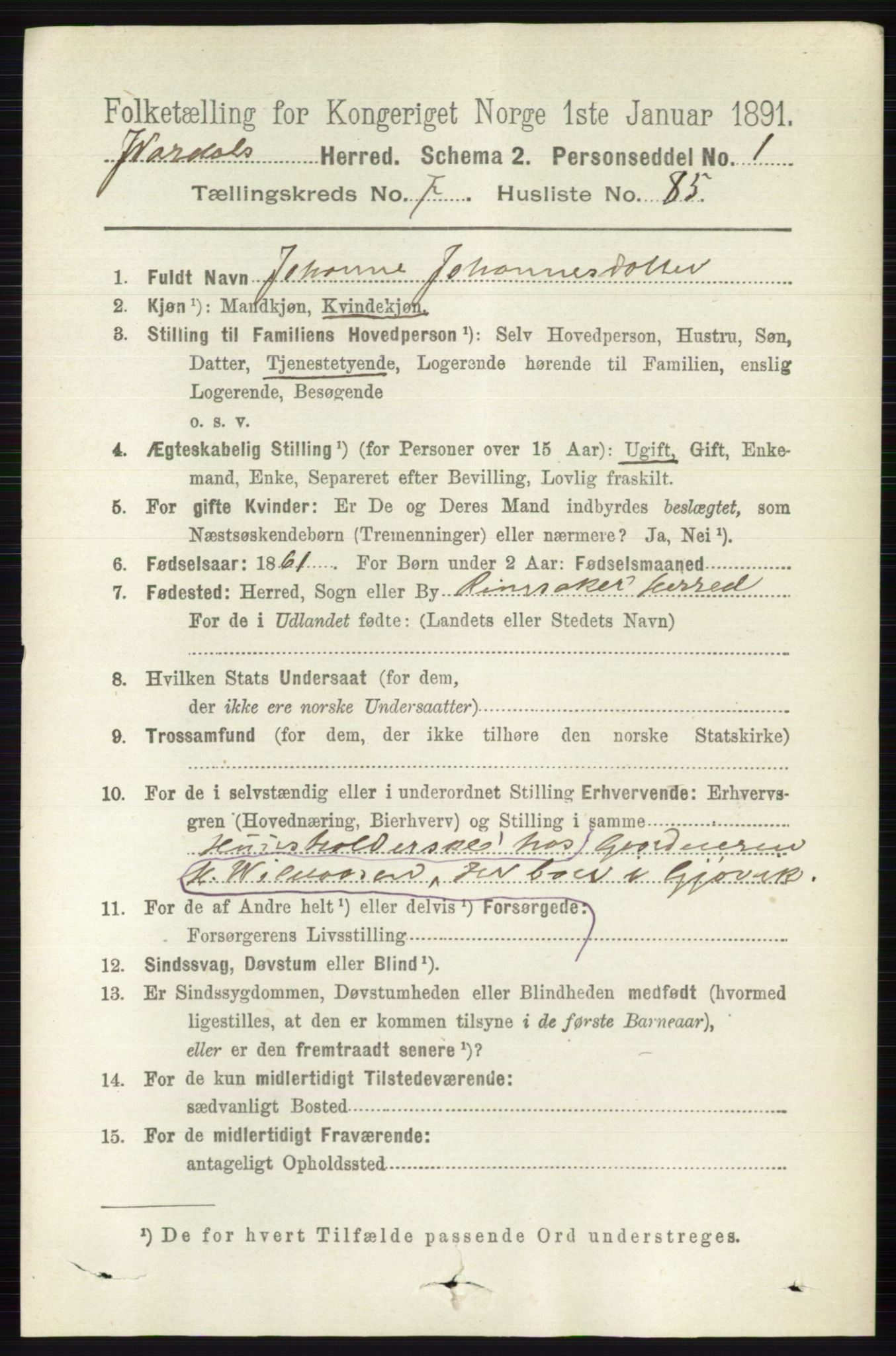 RA, 1891 census for 0527 Vardal, 1891, p. 3566