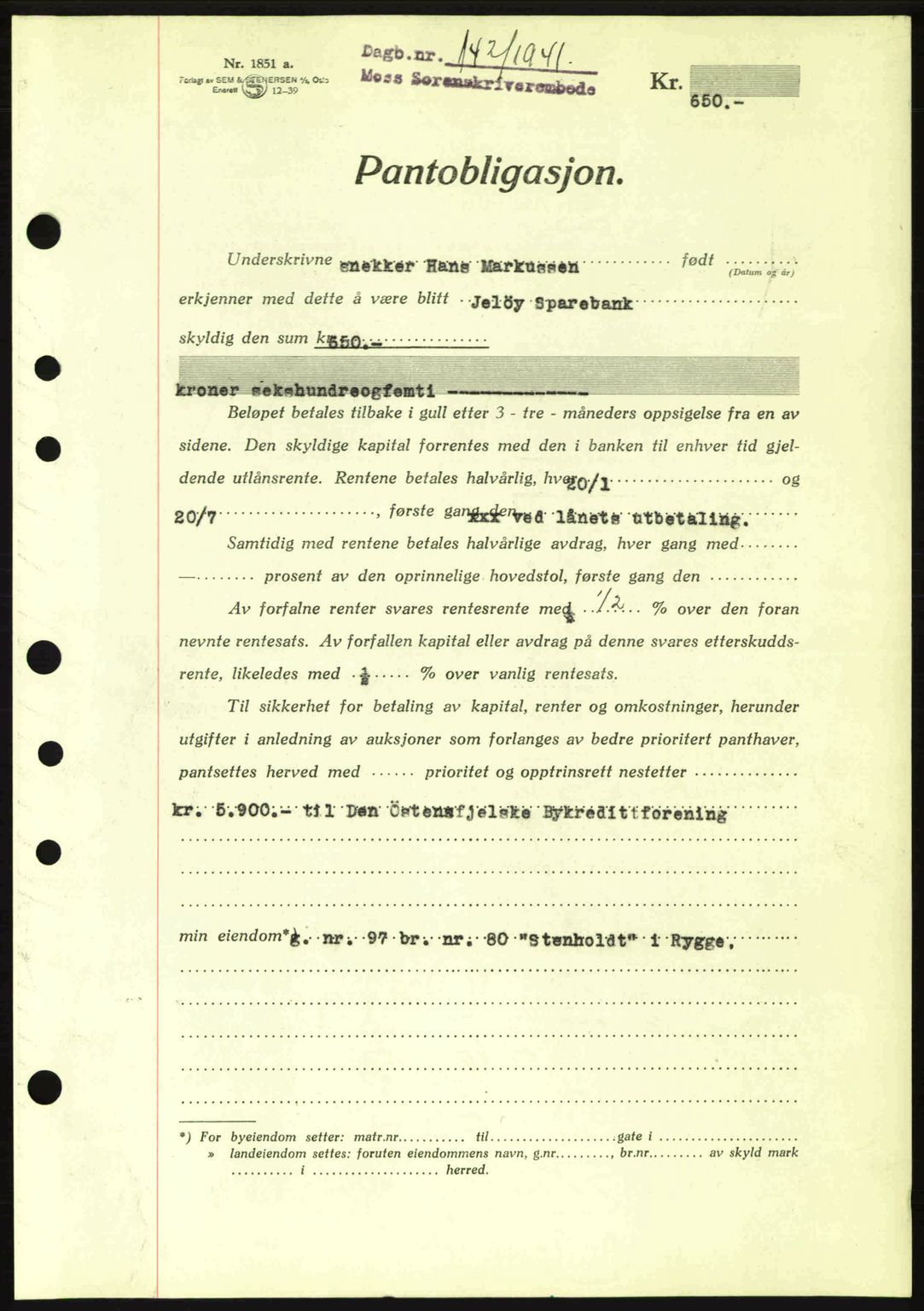 Moss sorenskriveri, SAO/A-10168: Mortgage book no. B10, 1940-1941, Diary no: : 142/1941