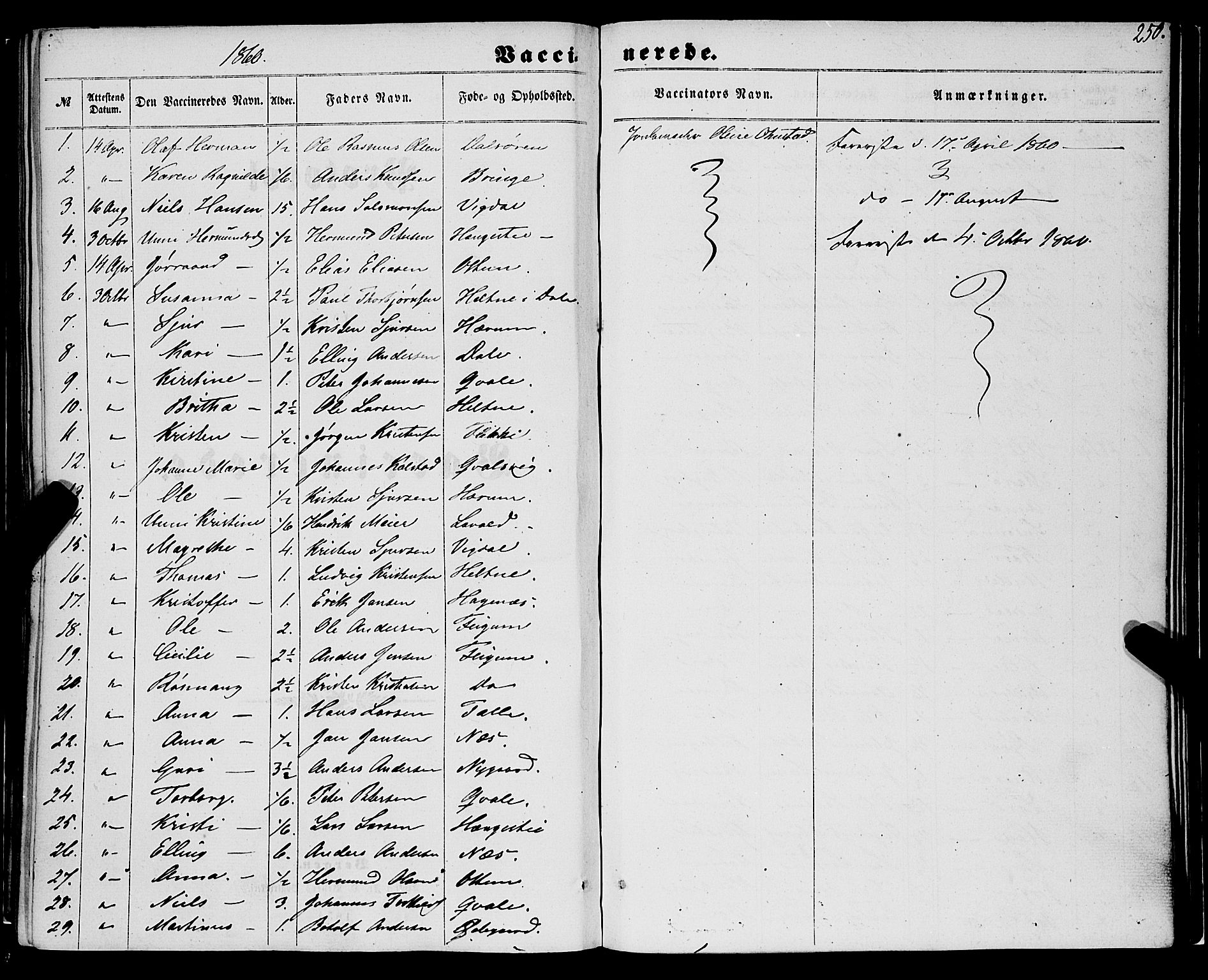 Luster sokneprestembete, SAB/A-81101/H/Haa/Haaa/L0008: Parish register (official) no. A 8, 1860-1870, p. 250