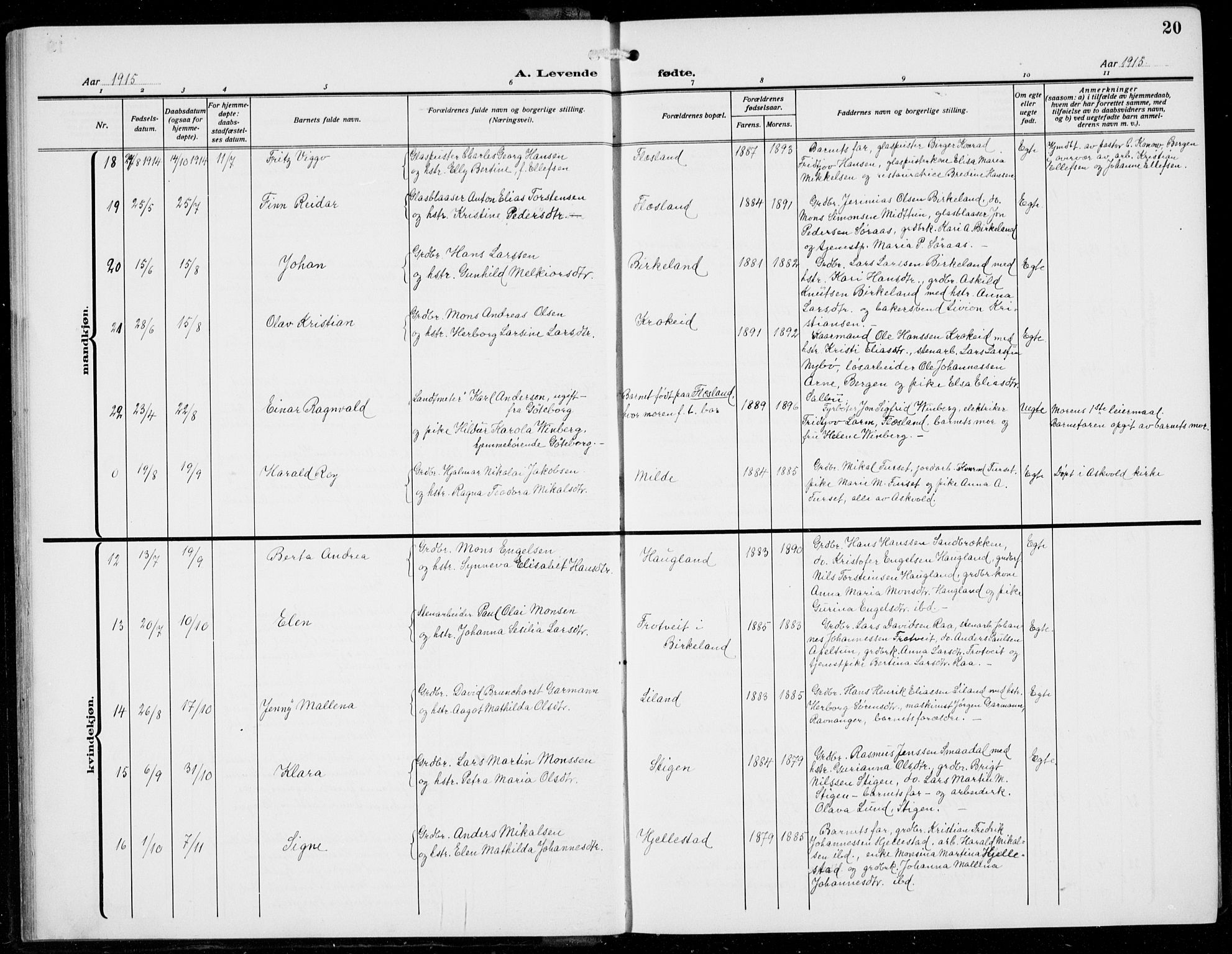 Fana Sokneprestembete, AV/SAB-A-75101/H/Hab/Haba/L0005: Parish register (copy) no. A 5, 1911-1932, p. 20