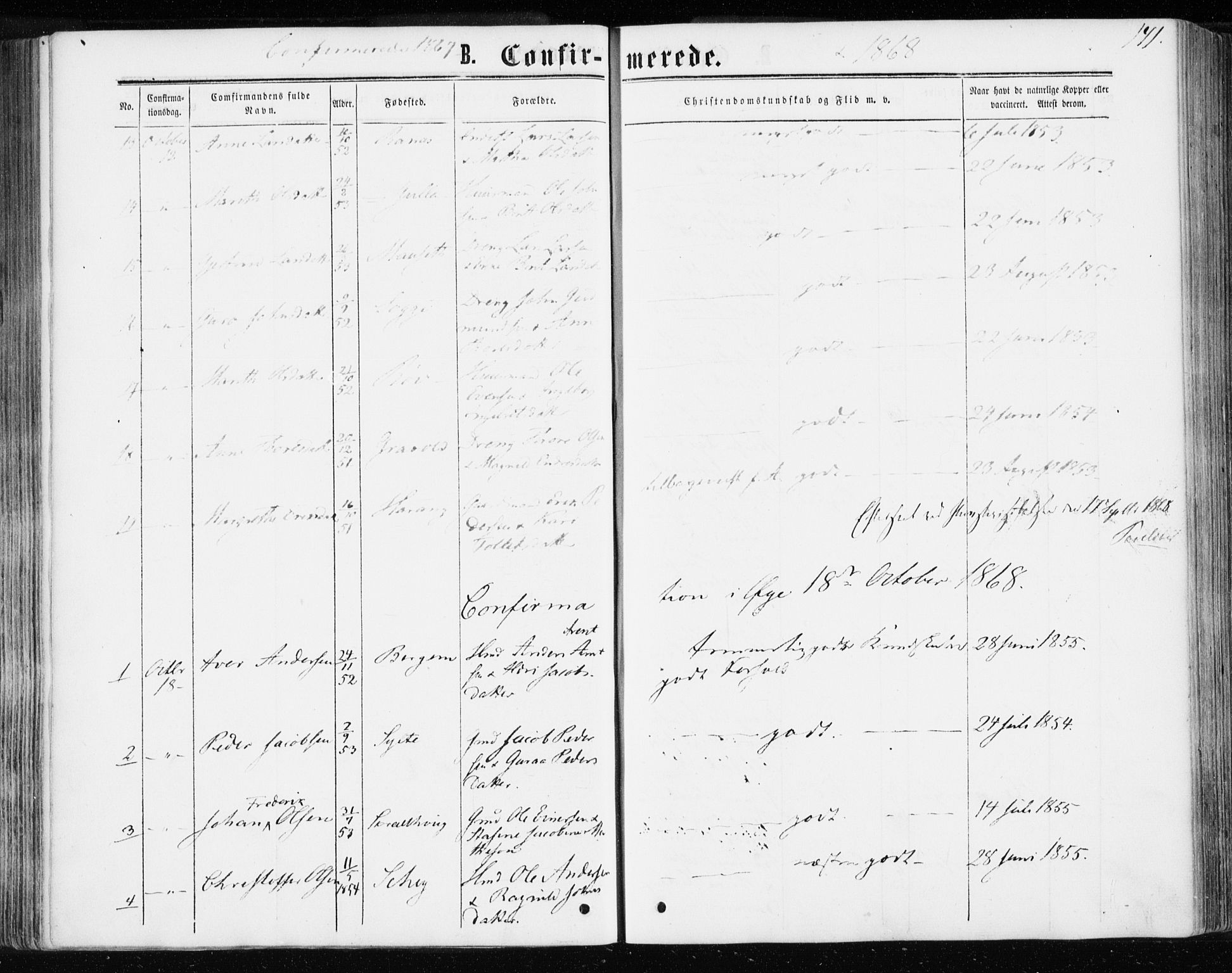Ministerialprotokoller, klokkerbøker og fødselsregistre - Møre og Romsdal, SAT/A-1454/595/L1045: Parish register (official) no. 595A07, 1863-1873, p. 141