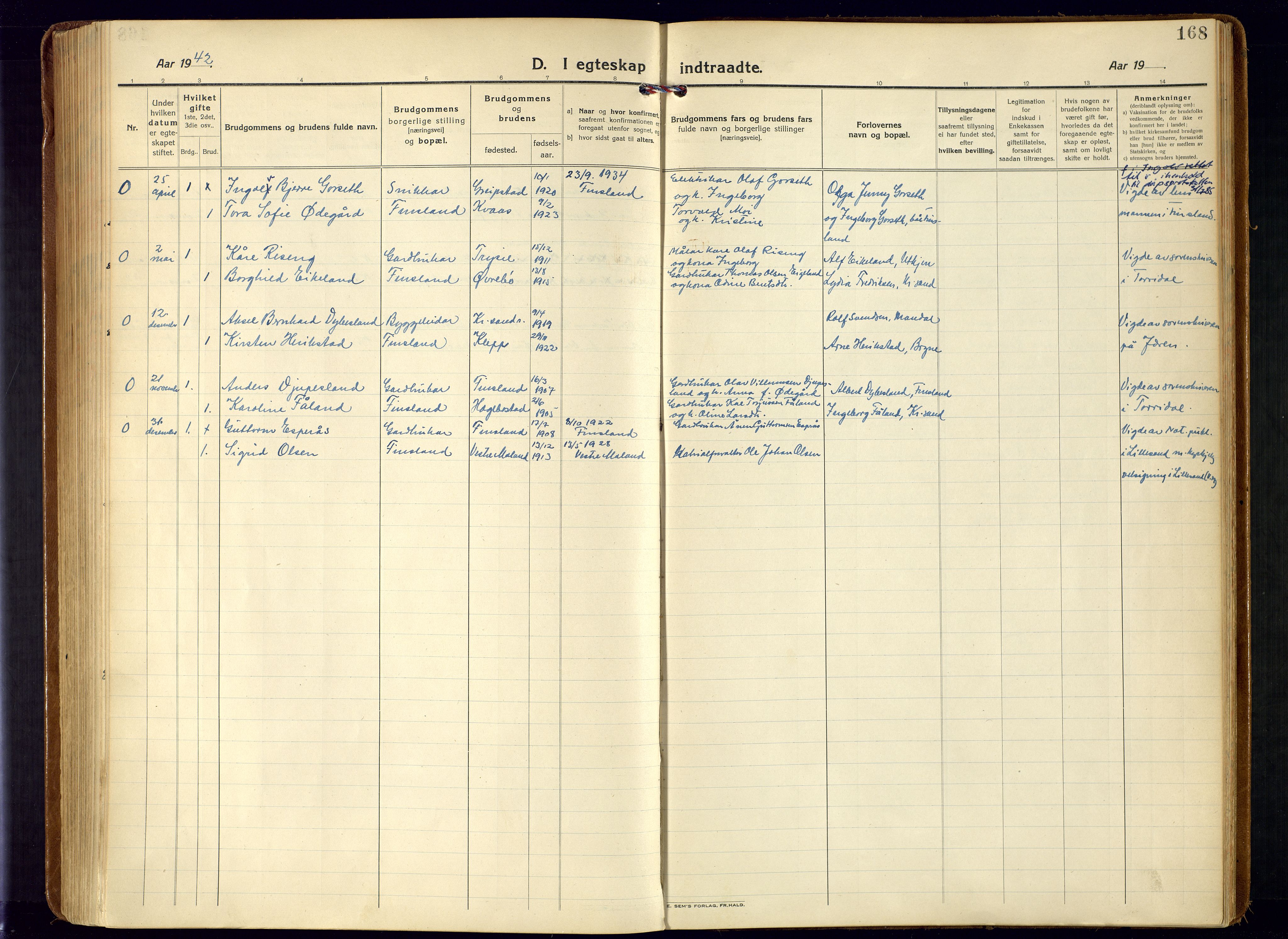 Bjelland sokneprestkontor, SAK/1111-0005/F/Fa/Fab/L0005: Parish register (official) no. A 5, 1921-1951, p. 168