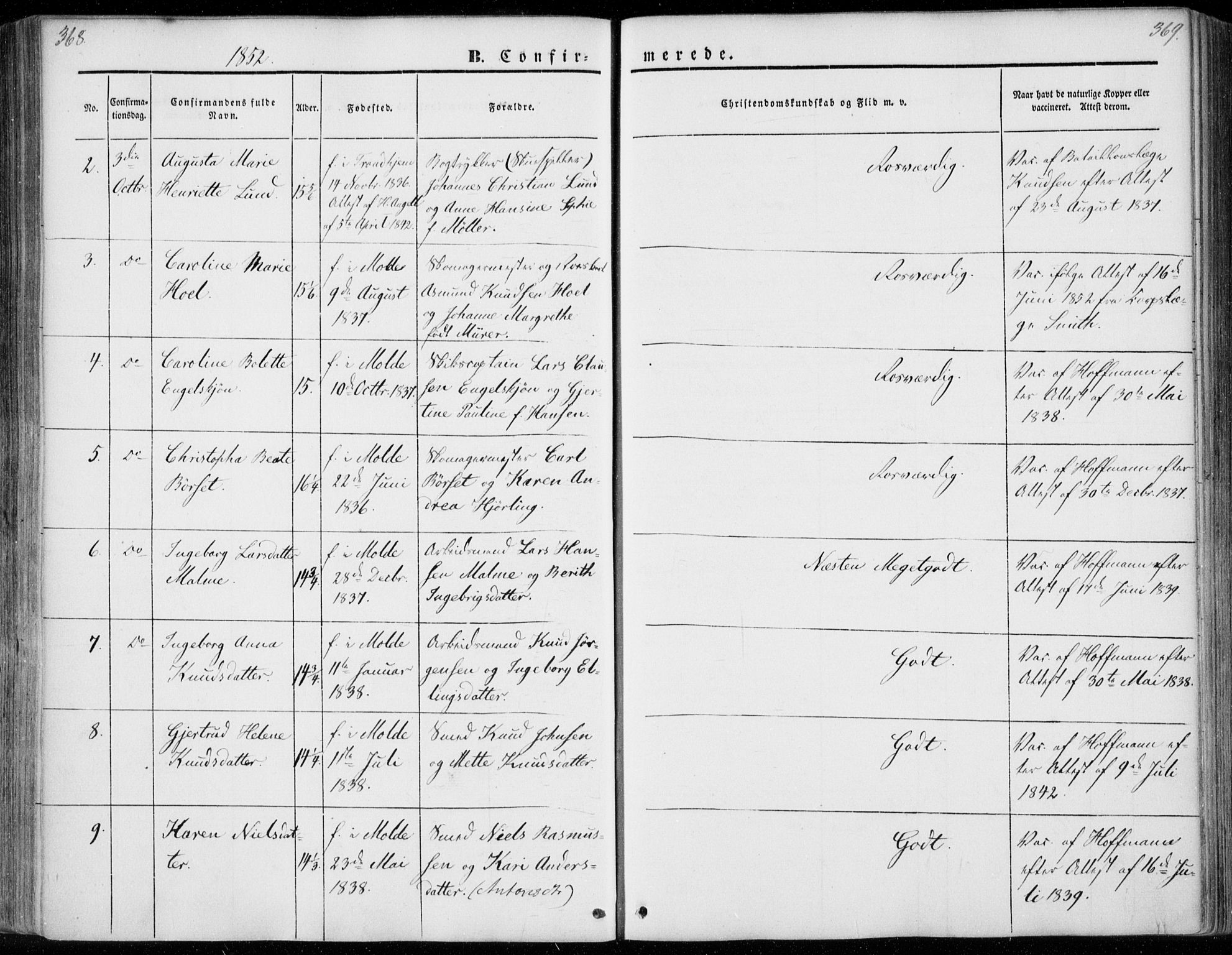 Ministerialprotokoller, klokkerbøker og fødselsregistre - Møre og Romsdal, SAT/A-1454/558/L0689: Parish register (official) no. 558A03, 1843-1872, p. 368-369