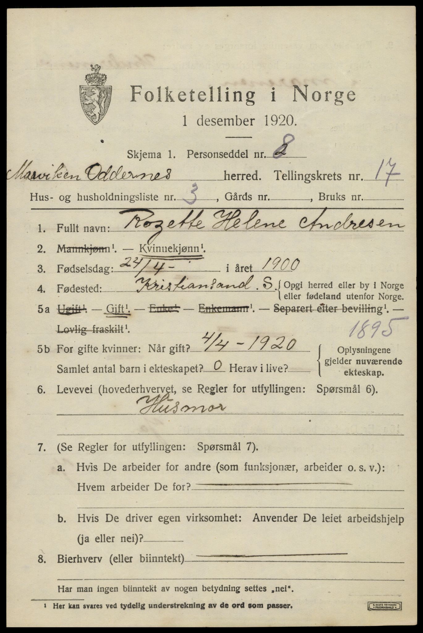 SAK, 1920 census for Oddernes, 1920, p. 12543