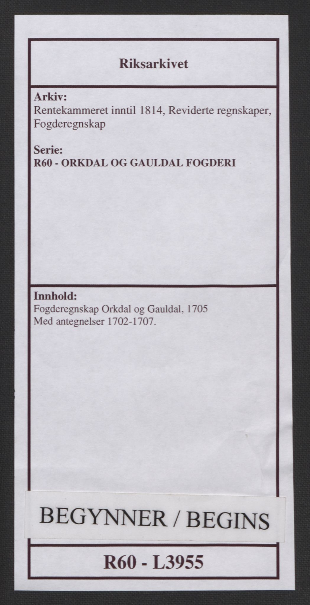 Rentekammeret inntil 1814, Reviderte regnskaper, Fogderegnskap, AV/RA-EA-4092/R60/L3955: Fogderegnskap Orkdal og Gauldal, 1705, p. 1