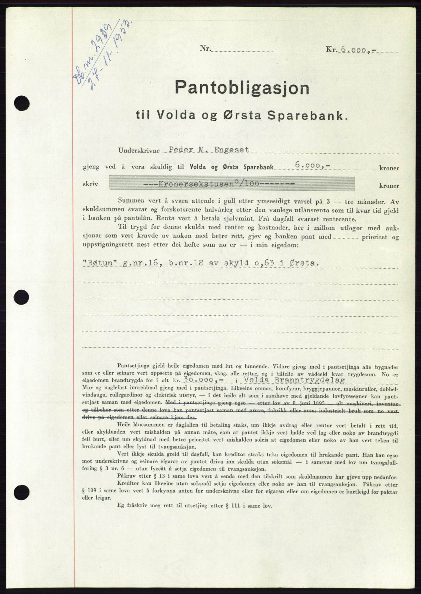 Søre Sunnmøre sorenskriveri, AV/SAT-A-4122/1/2/2C/L0124: Mortgage book no. 12B, 1953-1954, Diary no: : 2939/1953