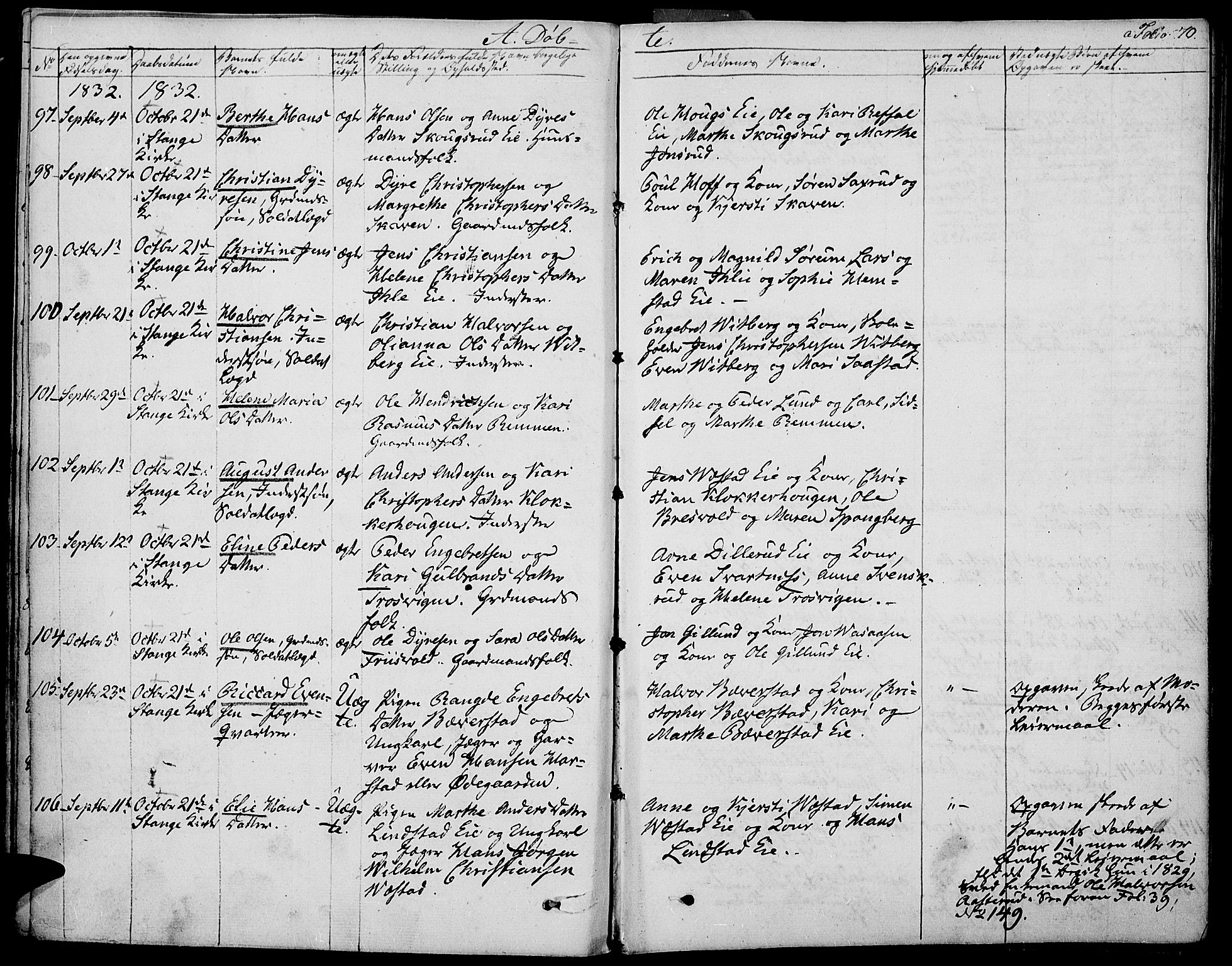 Stange prestekontor, AV/SAH-PREST-002/K/L0009: Parish register (official) no. 9, 1826-1835, p. 70