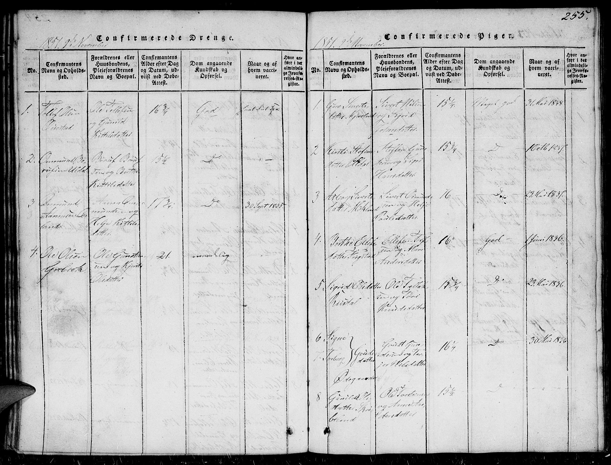 Herefoss sokneprestkontor, AV/SAK-1111-0019/F/Fb/Fbc/L0001: Parish register (copy) no. B 1, 1816-1866, p. 255