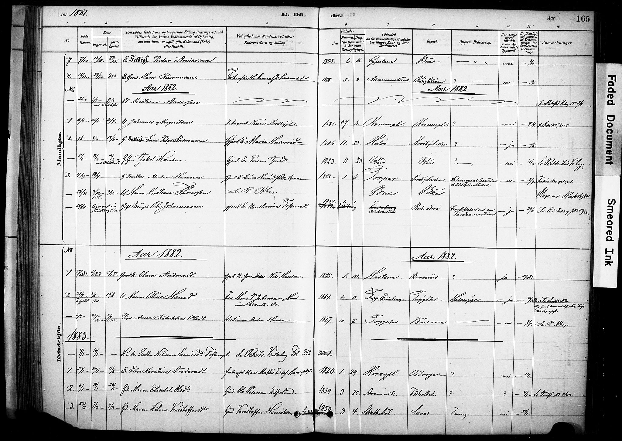 Rakkestad prestekontor Kirkebøker, AV/SAO-A-2008/F/Fc/L0001: Parish register (official) no. III 1, 1878-1905, p. 165