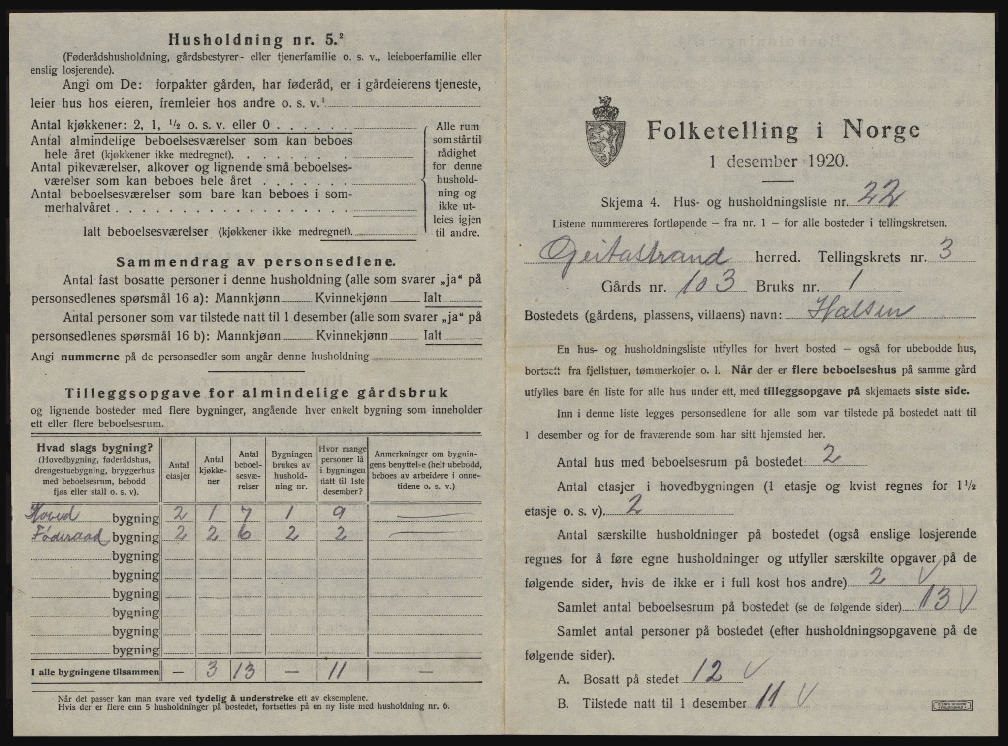 SAT, 1920 census for Geitastrand, 1920, p. 233