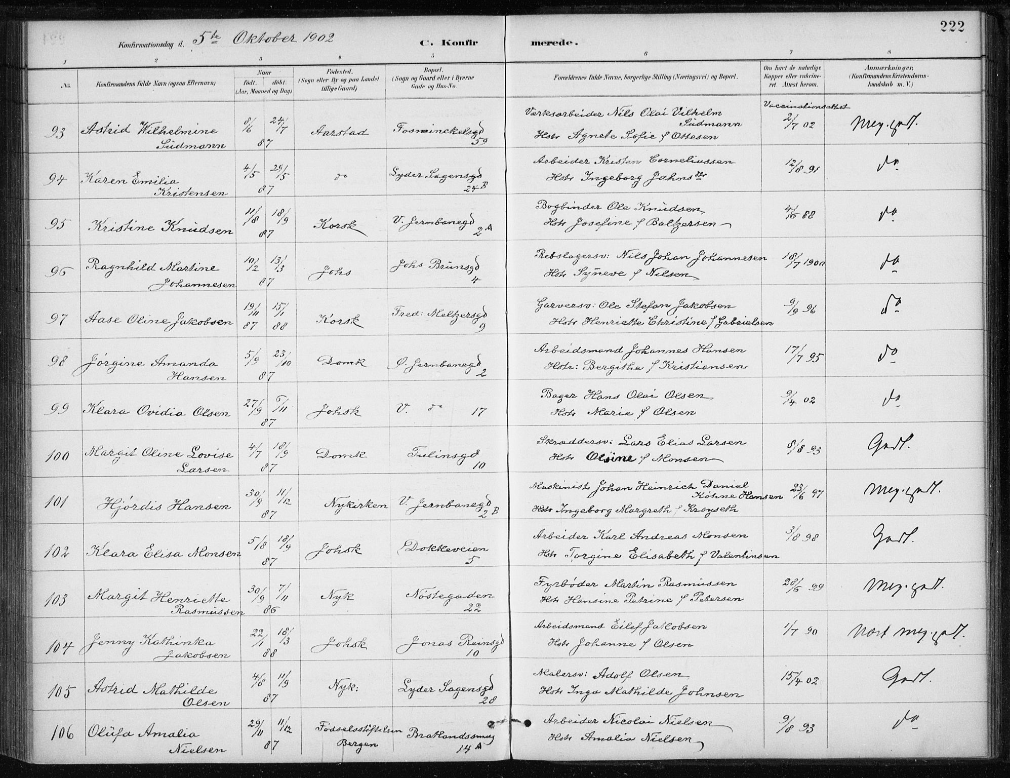 Johanneskirken sokneprestembete, SAB/A-76001/H/Haa/L0008: Parish register (official) no. C 1, 1885-1907, p. 222