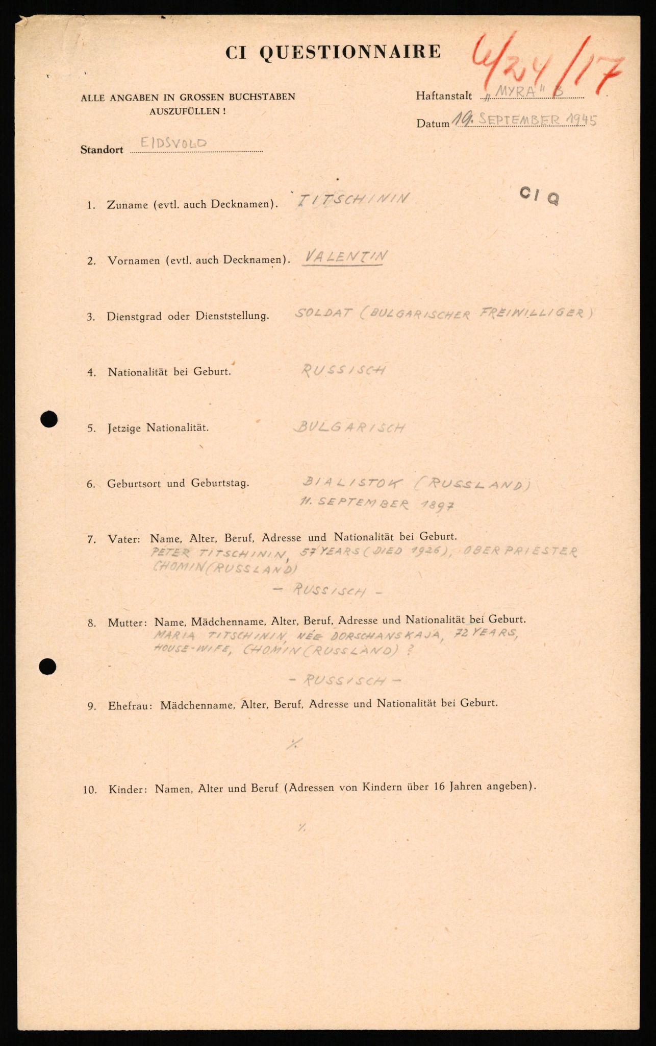 Forsvaret, Forsvarets overkommando II, AV/RA-RAFA-3915/D/Db/L0041: CI Questionaires.  Diverse nasjonaliteter., 1945-1946, p. 12