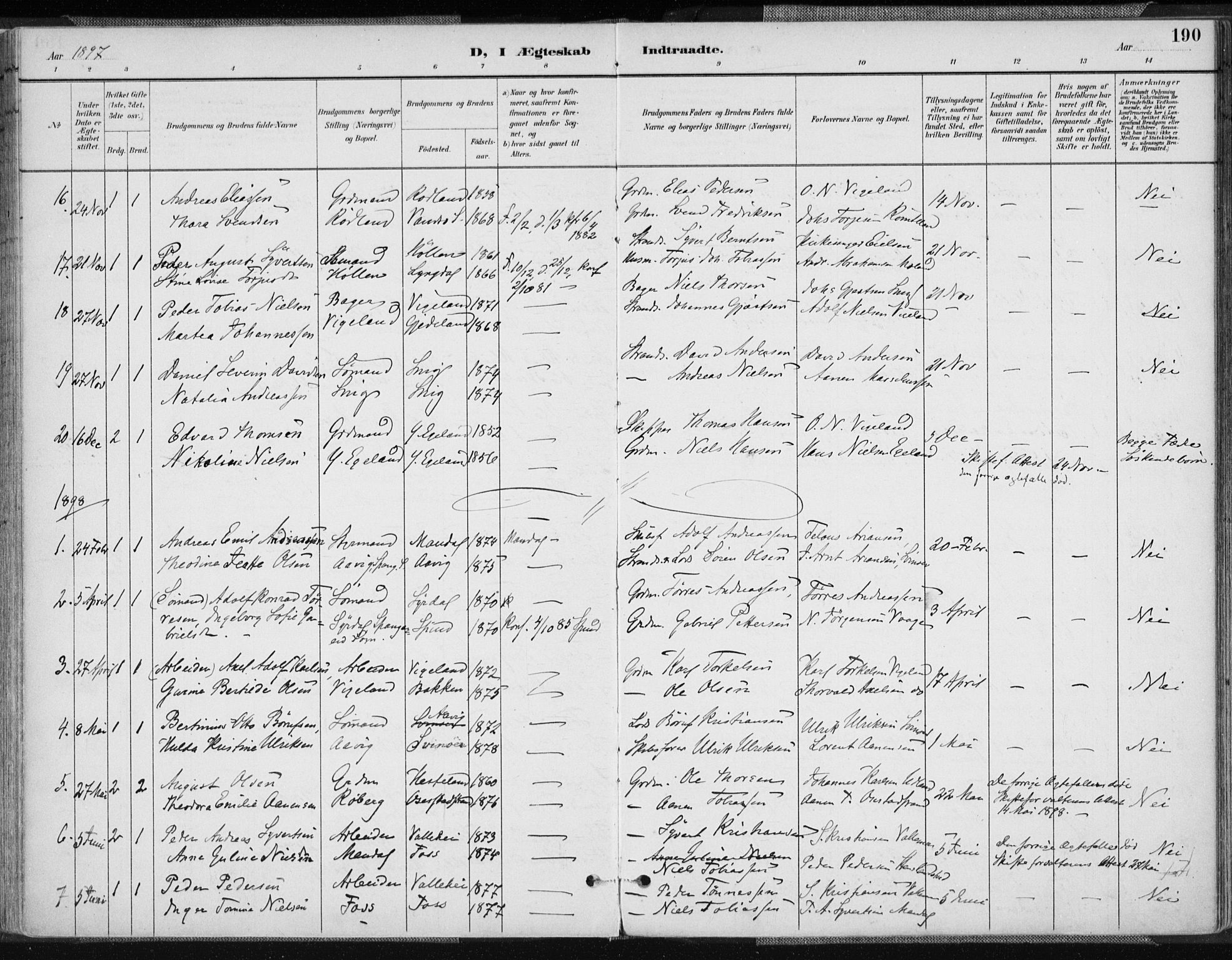 Sør-Audnedal sokneprestkontor, AV/SAK-1111-0039/F/Fa/Fab/L0010: Parish register (official) no. A 10, 1892-1913, p. 190