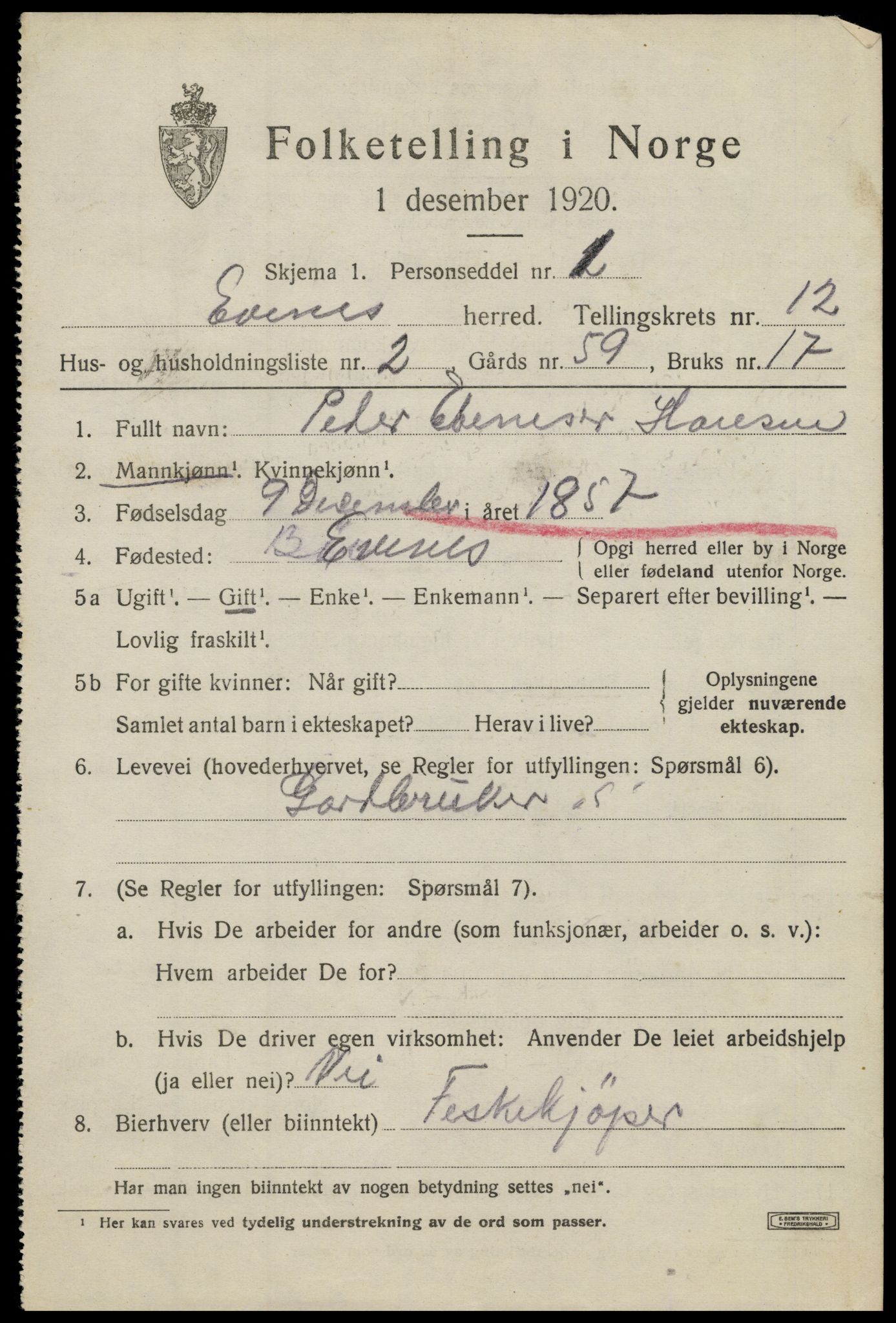 SAT, 1920 census for Evenes, 1920, p. 10998