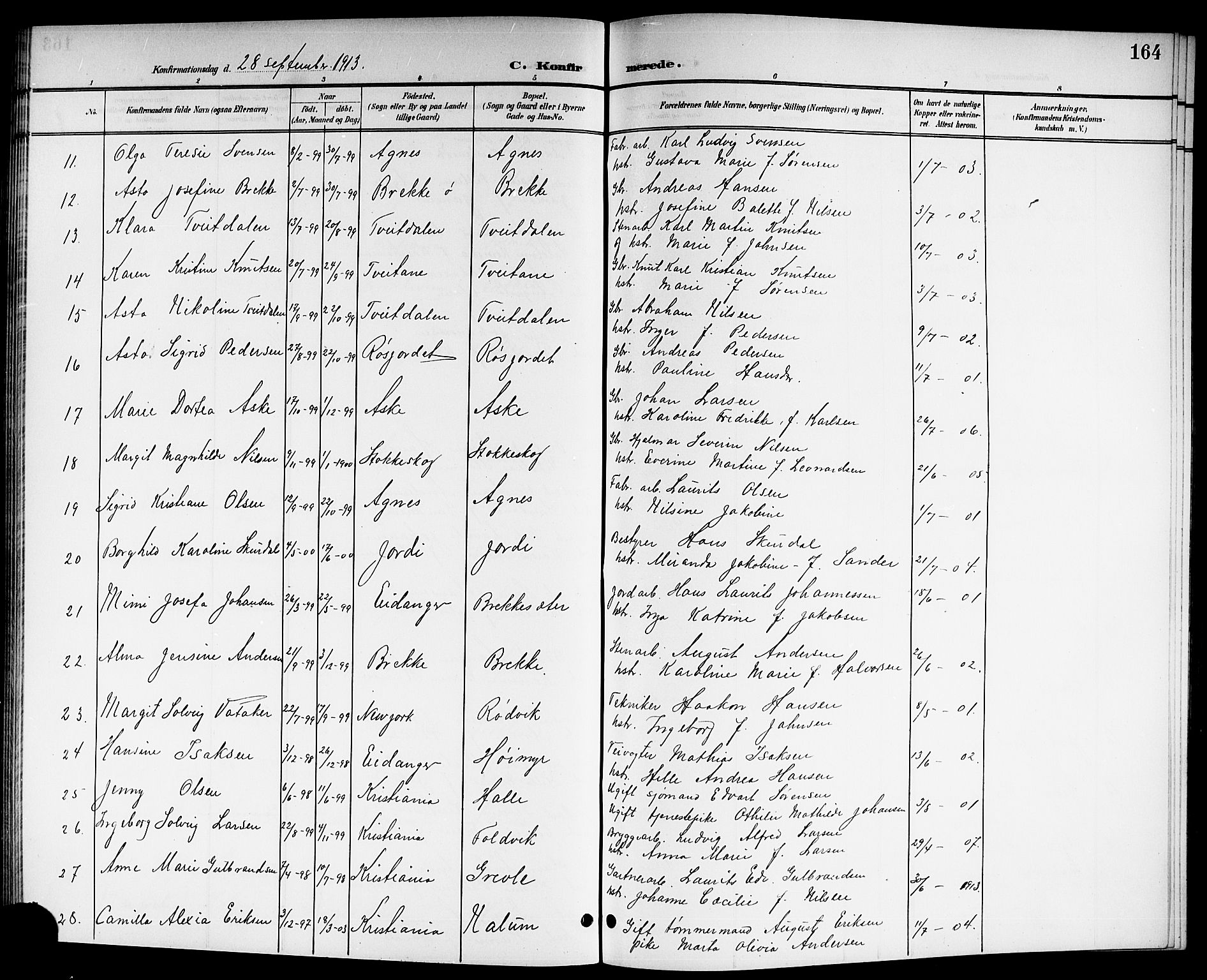 Brunlanes kirkebøker, SAKO/A-342/G/Ga/L0004: Parish register (copy) no. I 4, 1898-1921, p. 164