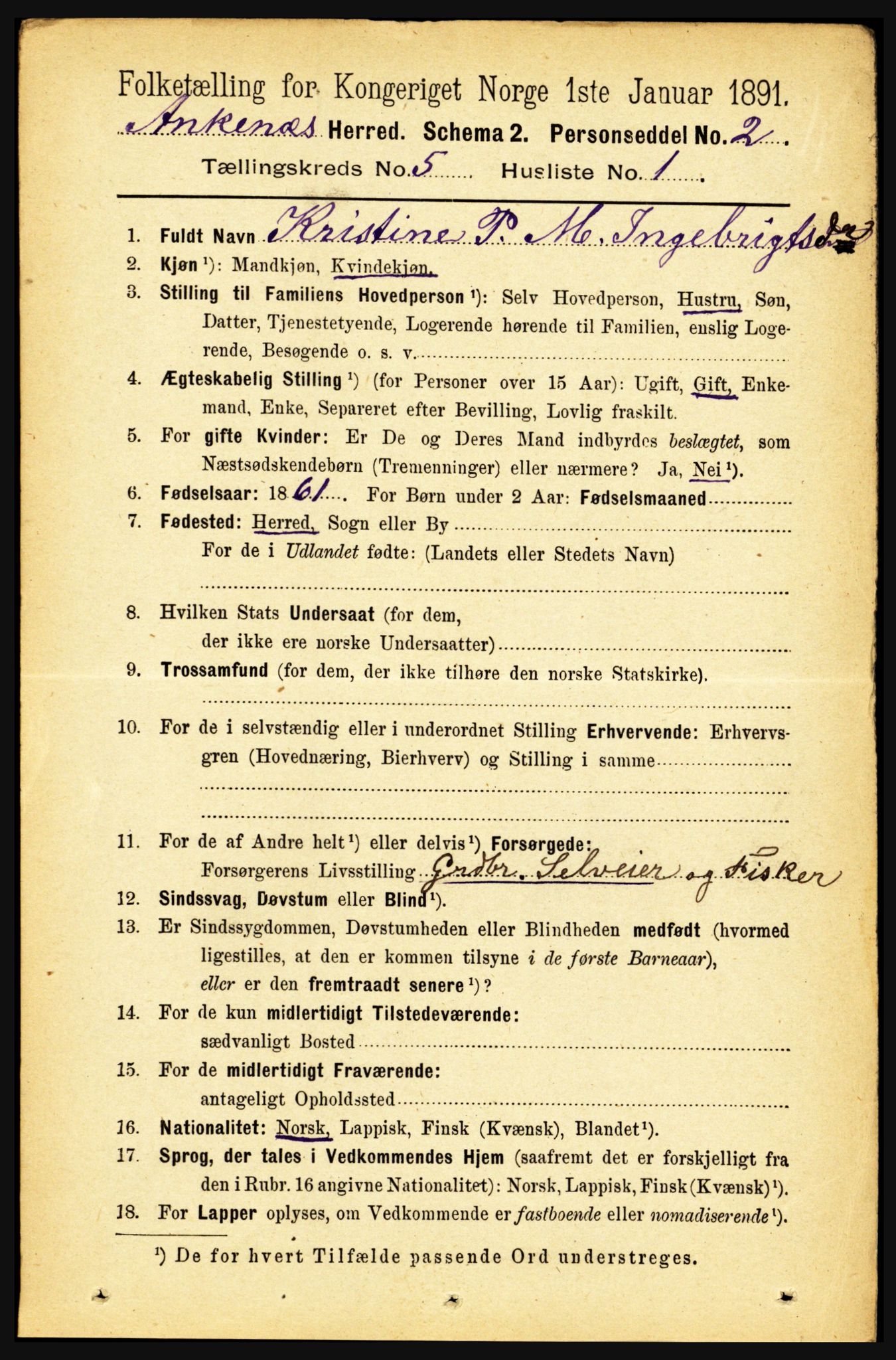 RA, 1891 census for 1855 Ankenes, 1891, p. 2745