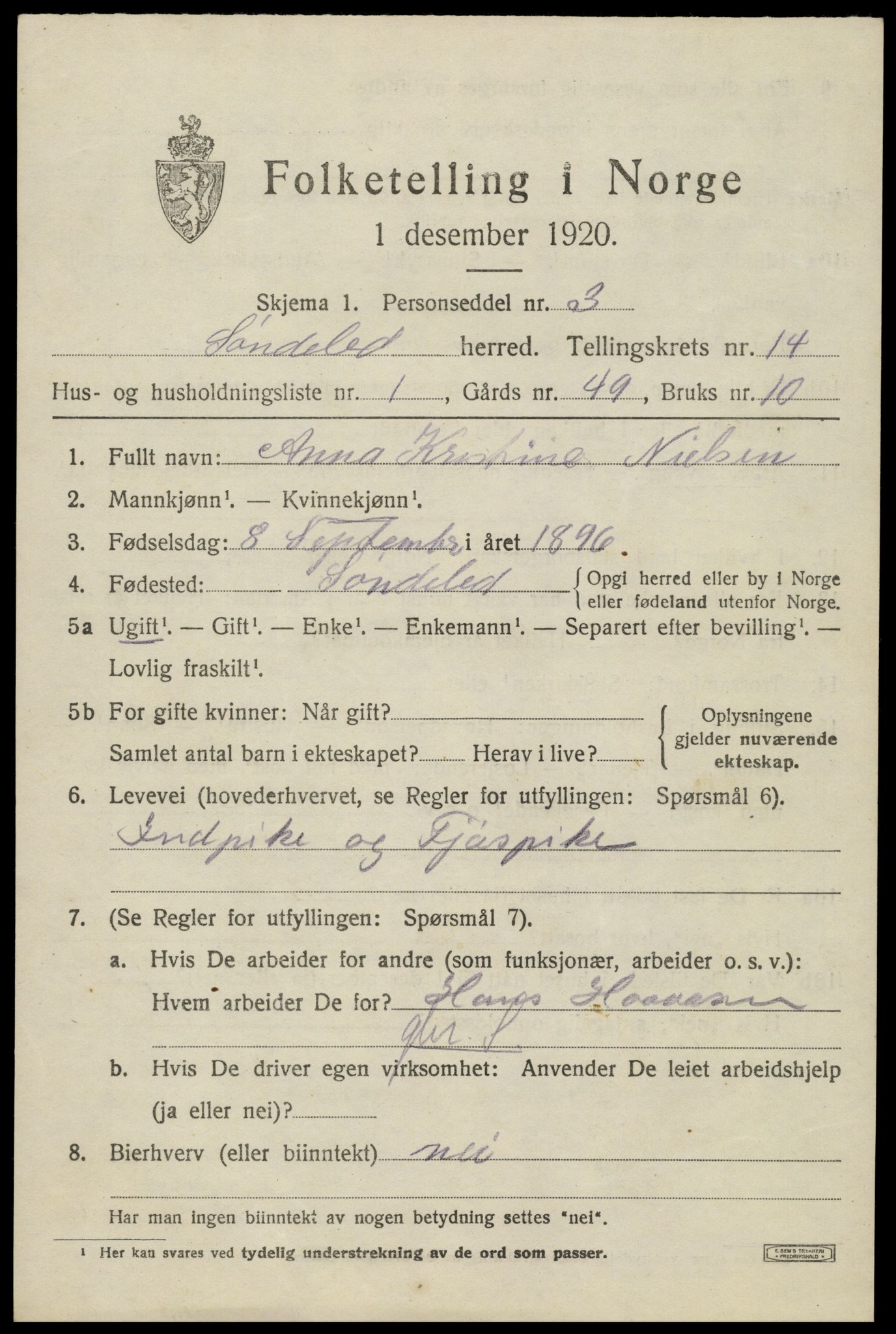 SAK, 1920 census for Søndeled, 1920, p. 6453