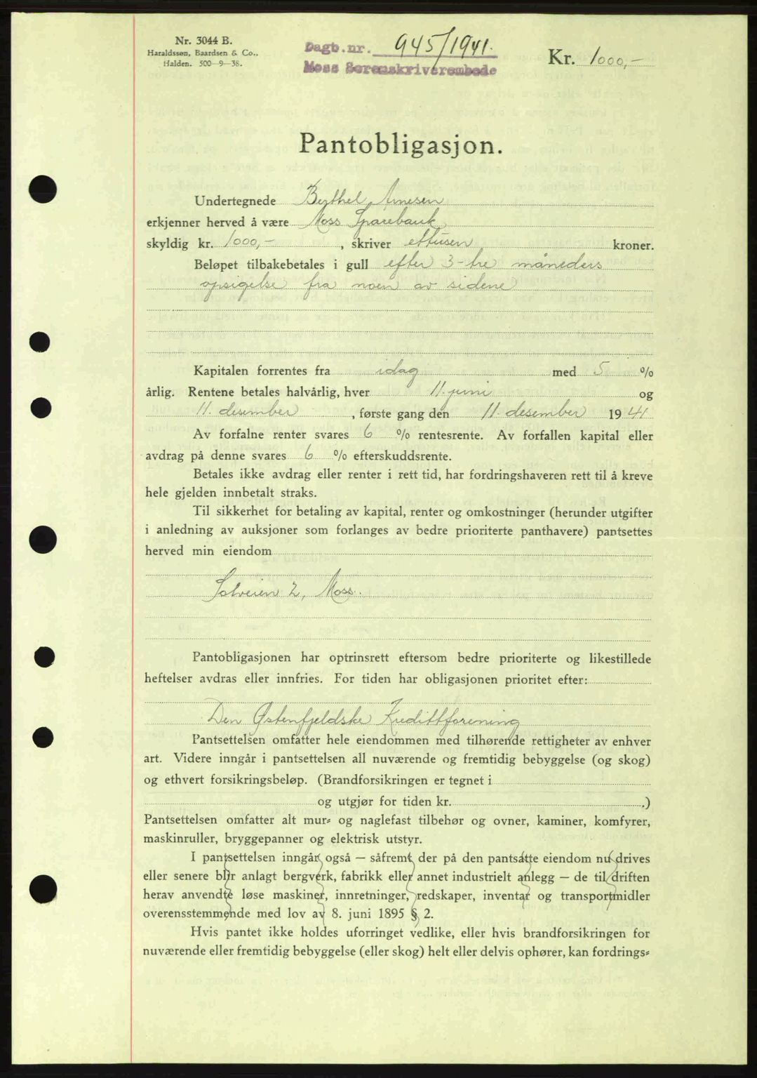 Moss sorenskriveri, SAO/A-10168: Mortgage book no. B10, 1940-1941, Diary no: : 945/1941