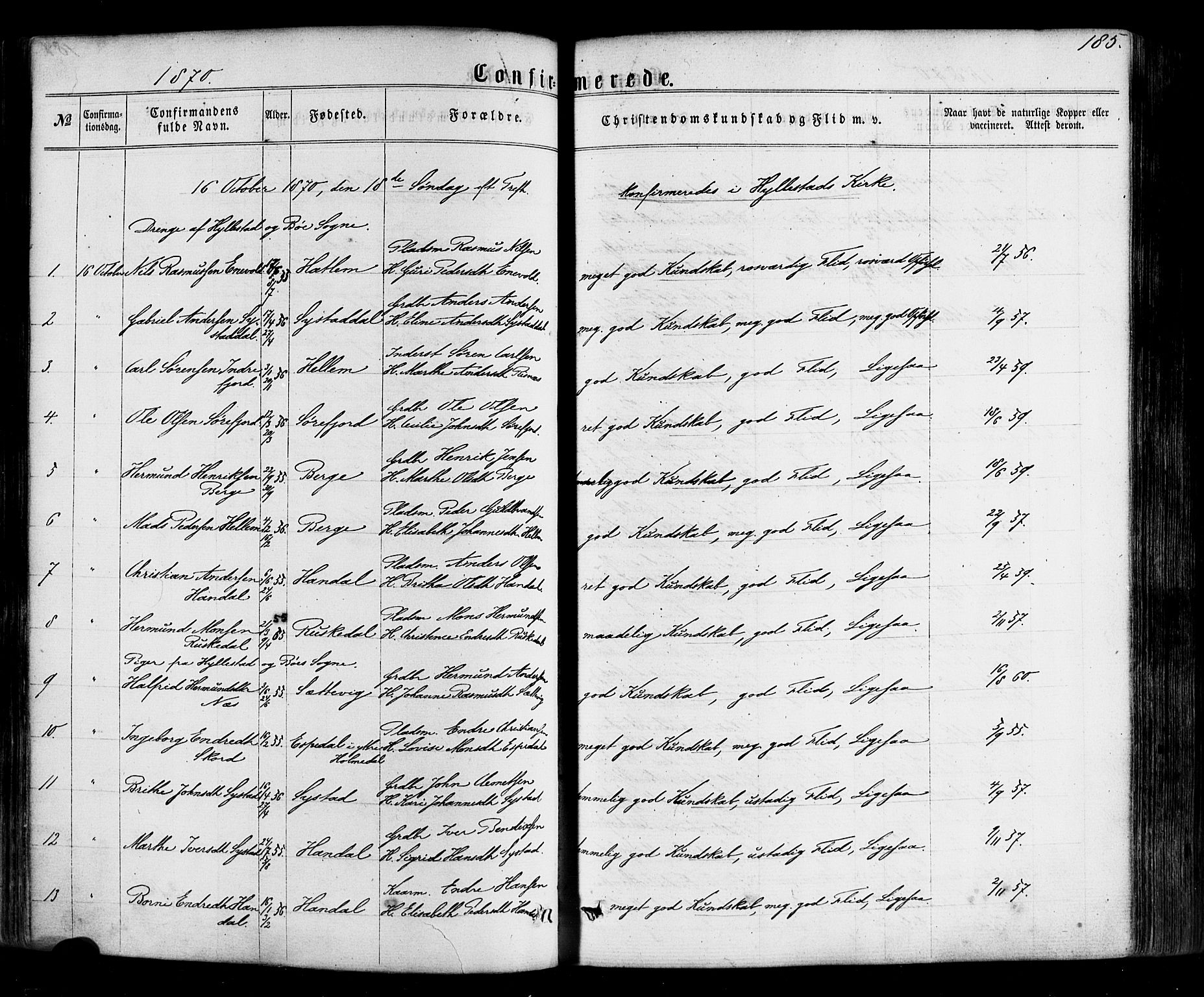 Hyllestad sokneprestembete, SAB/A-80401: Parish register (official) no. A 1, 1861-1886, p. 185