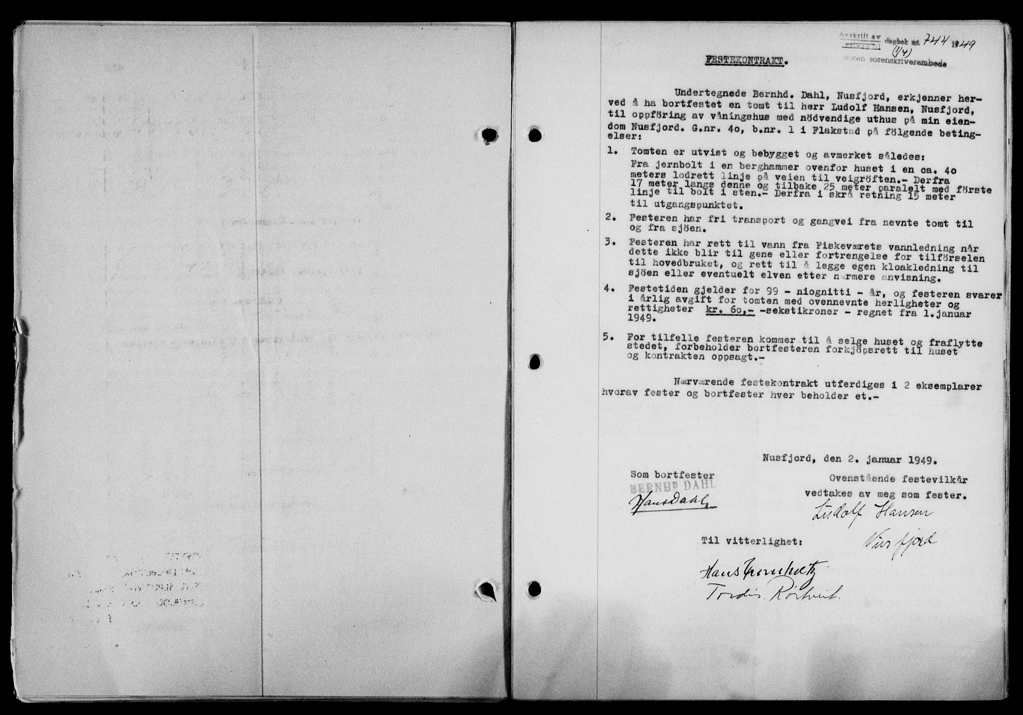 Lofoten sorenskriveri, SAT/A-0017/1/2/2C/L0020a: Mortgage book no. 20a, 1948-1949, Diary no: : 744/1949