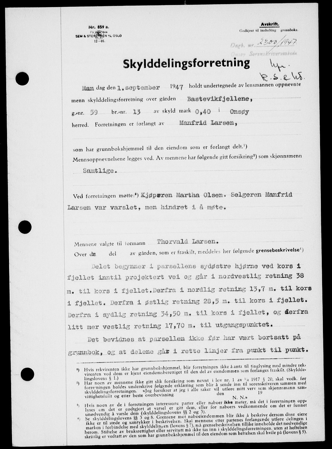Onsøy sorenskriveri, SAO/A-10474/G/Ga/Gab/L0021: Mortgage book no. II A-21, 1947-1947, Diary no: : 2300/1947