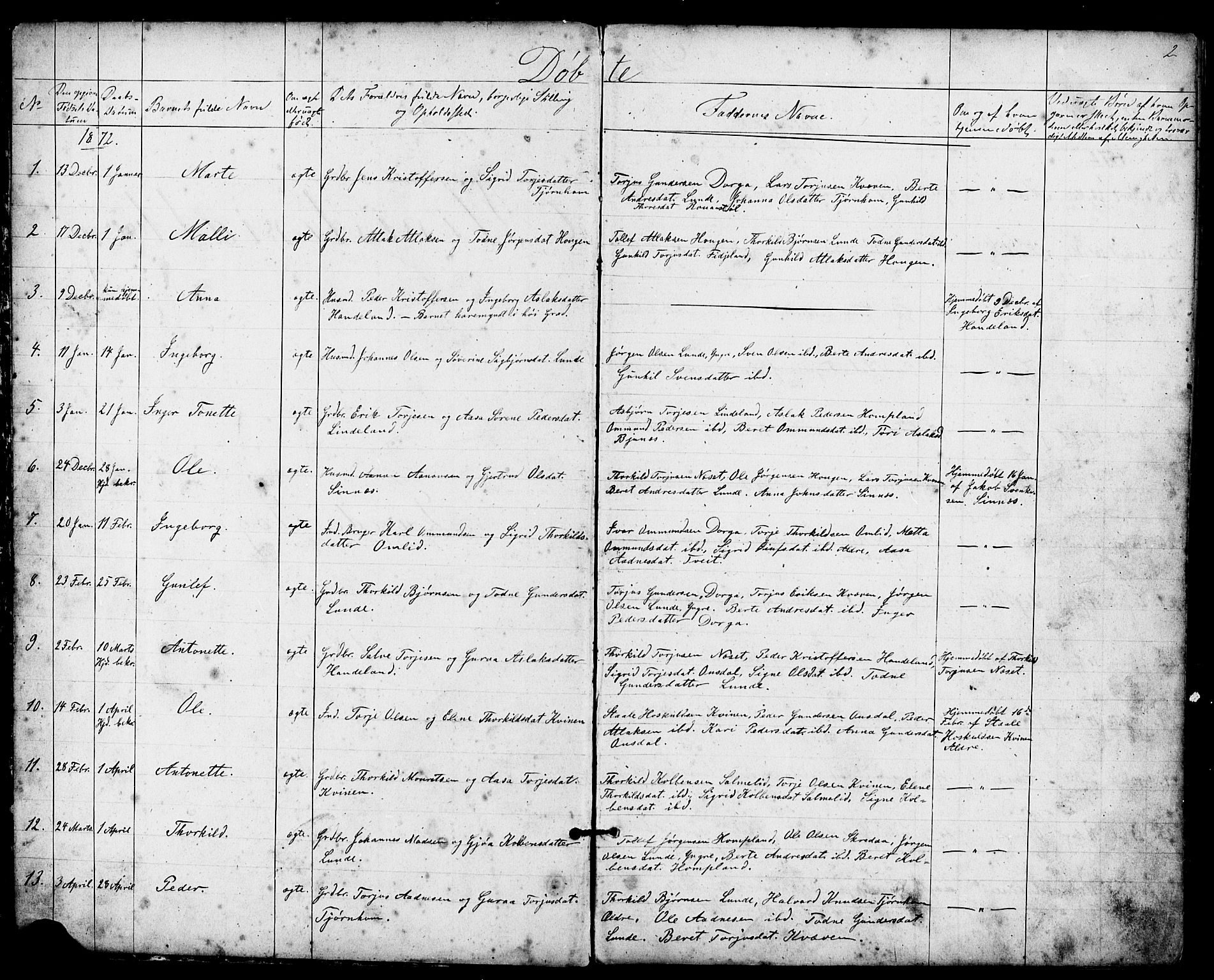 Sirdal sokneprestkontor, SAK/1111-0036/F/Fb/Fba/L0001: Parish register (copy) no. B 1, 1872-1905, p. 2