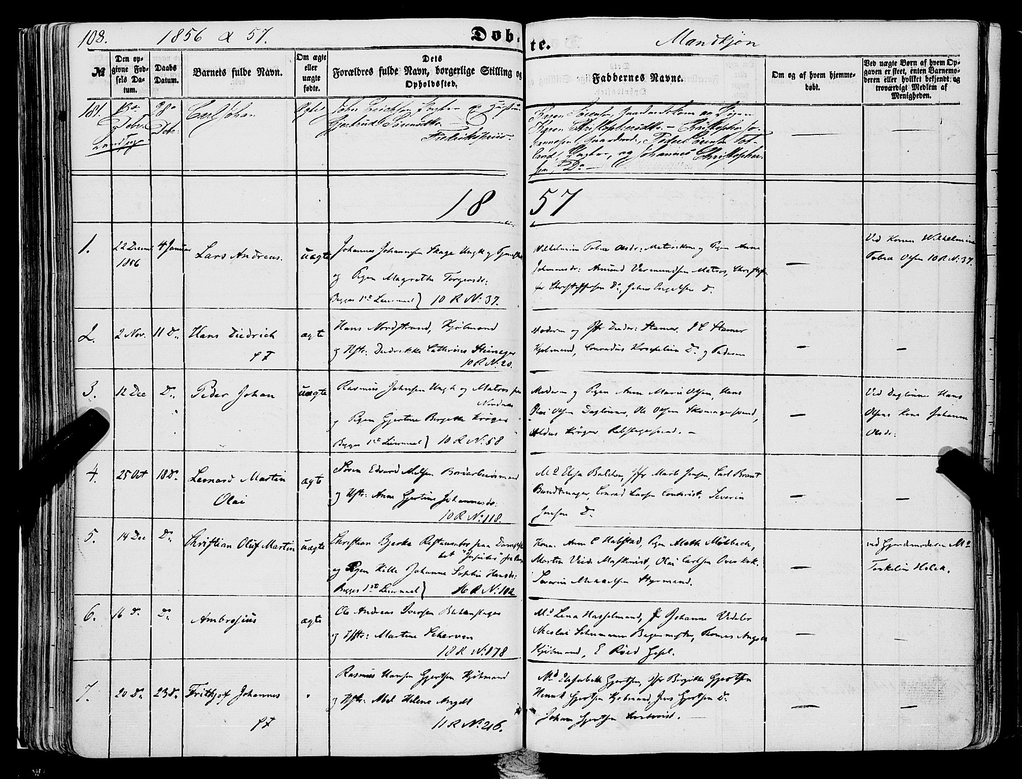 Domkirken sokneprestembete, SAB/A-74801/H/Haa/L0020: Parish register (official) no. B 3, 1851-1859, p. 108